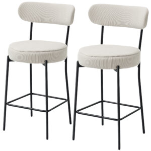 Set of 2 Barstools, Upholstered Corduroy Bar Stools with Backrest, Footrest for Kitchen Island, Dining Room, Cream White
