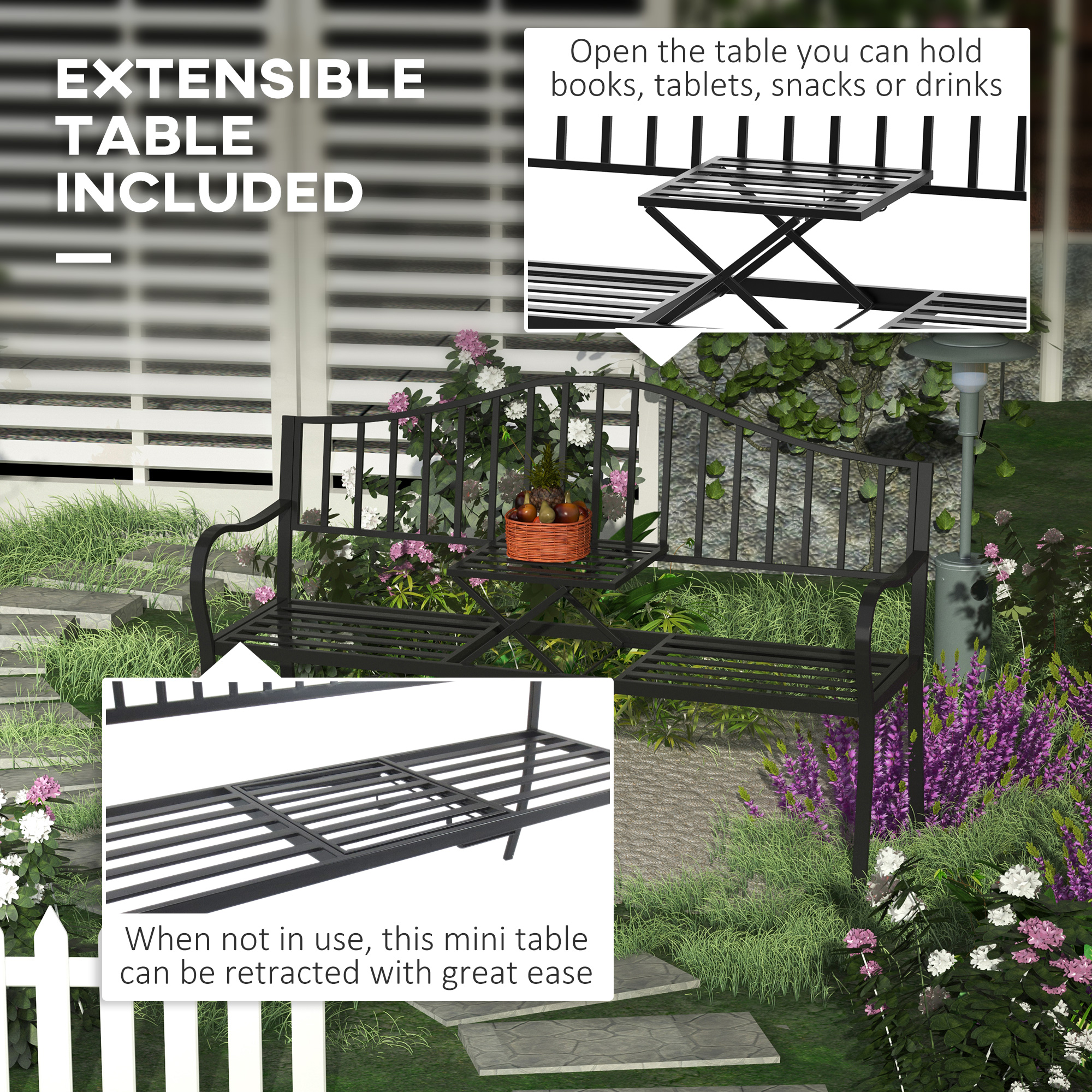 Outdoor Bench with Retractable Middle Table, Metal Frame Patio Loveseat with Slatted Seat and Backrest, Curved Armrests, Black - Image 2
