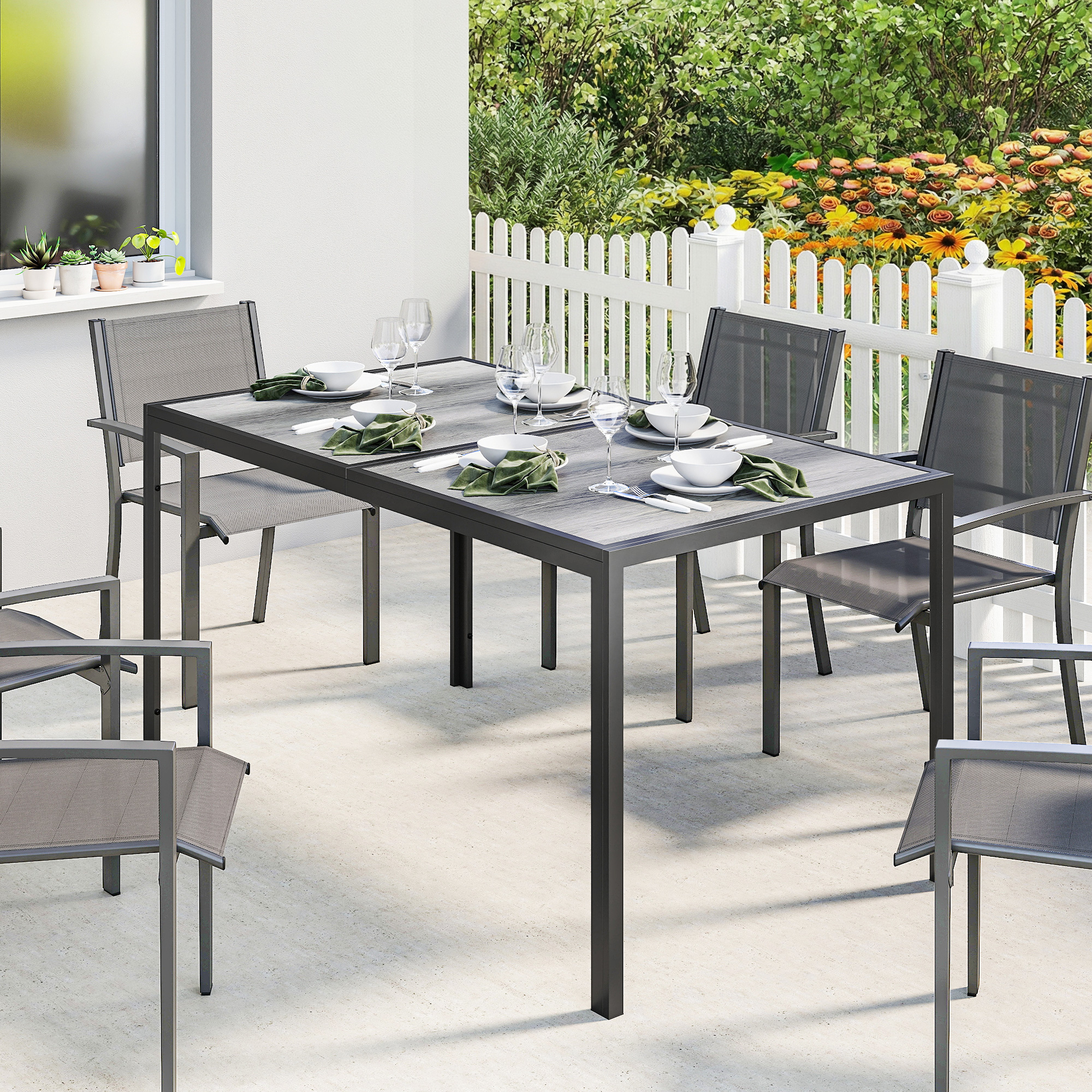 Outdoor Dining Table for 4-6, 59" Outdoor Patio Table with Metal Legs, Wood-Effect Top, Grey - Image 5