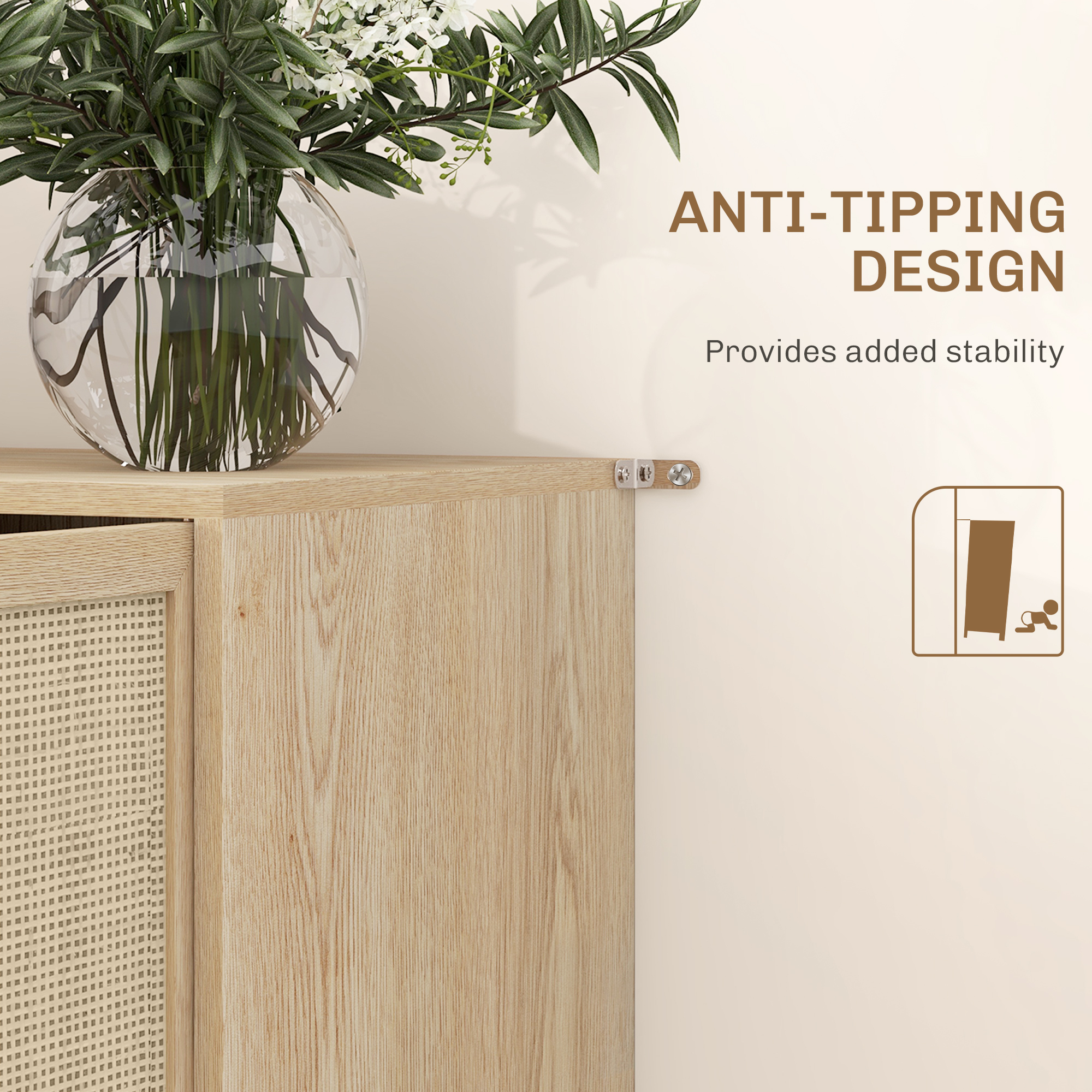 Kitchen Sideboard Cabinet, Boho Storage Cabinet with Shelves, Wood Legs, Decorative Rattan Doors, Natural - Image 4