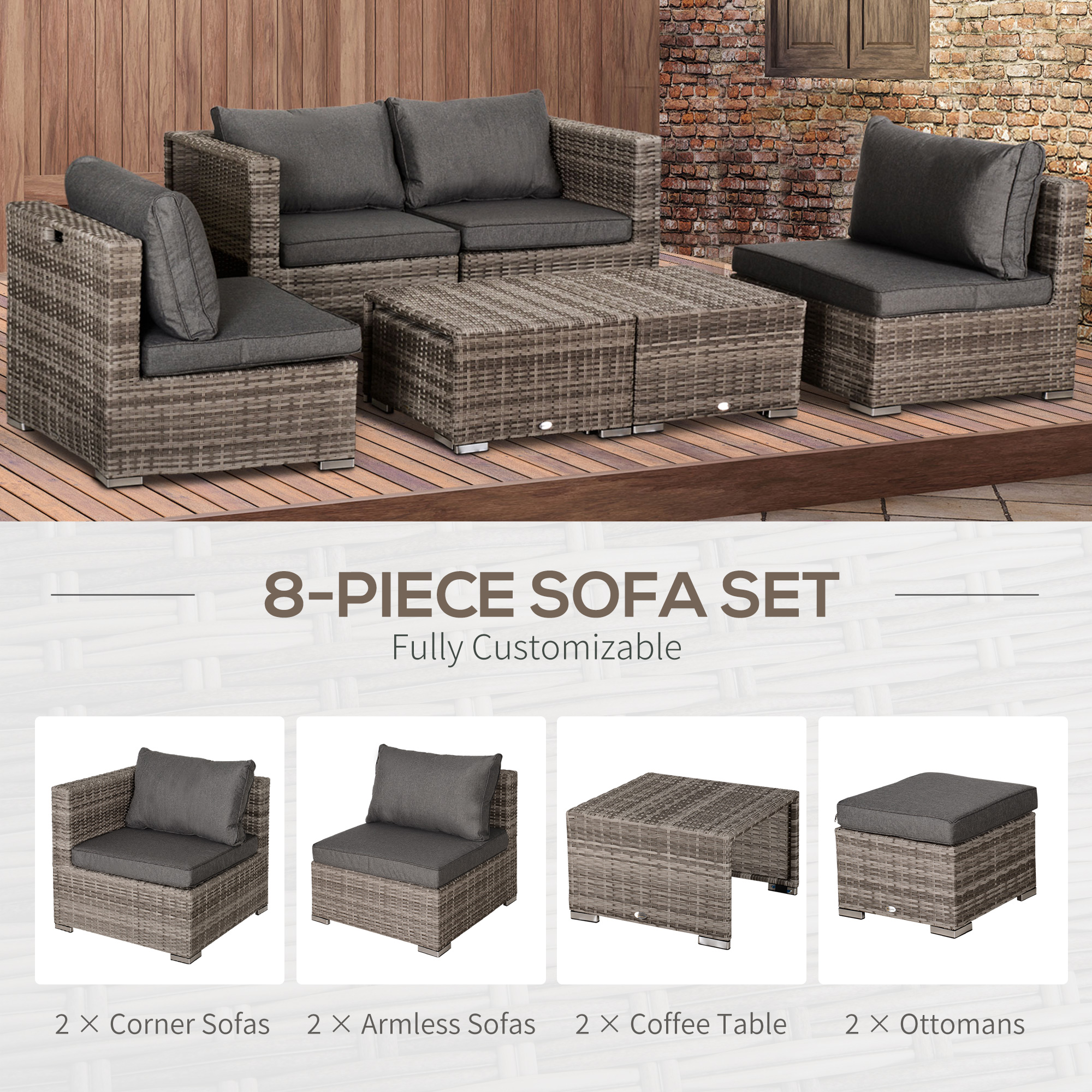 8 Pieces Patio Furniture Set, Outdoor Wicker Rattan Sofa Set Yard Conversation Seat Tea Table and Footstool Garden Patio Furniture w/ 2 Set Cushion Cover Grey & Orange - Image 2