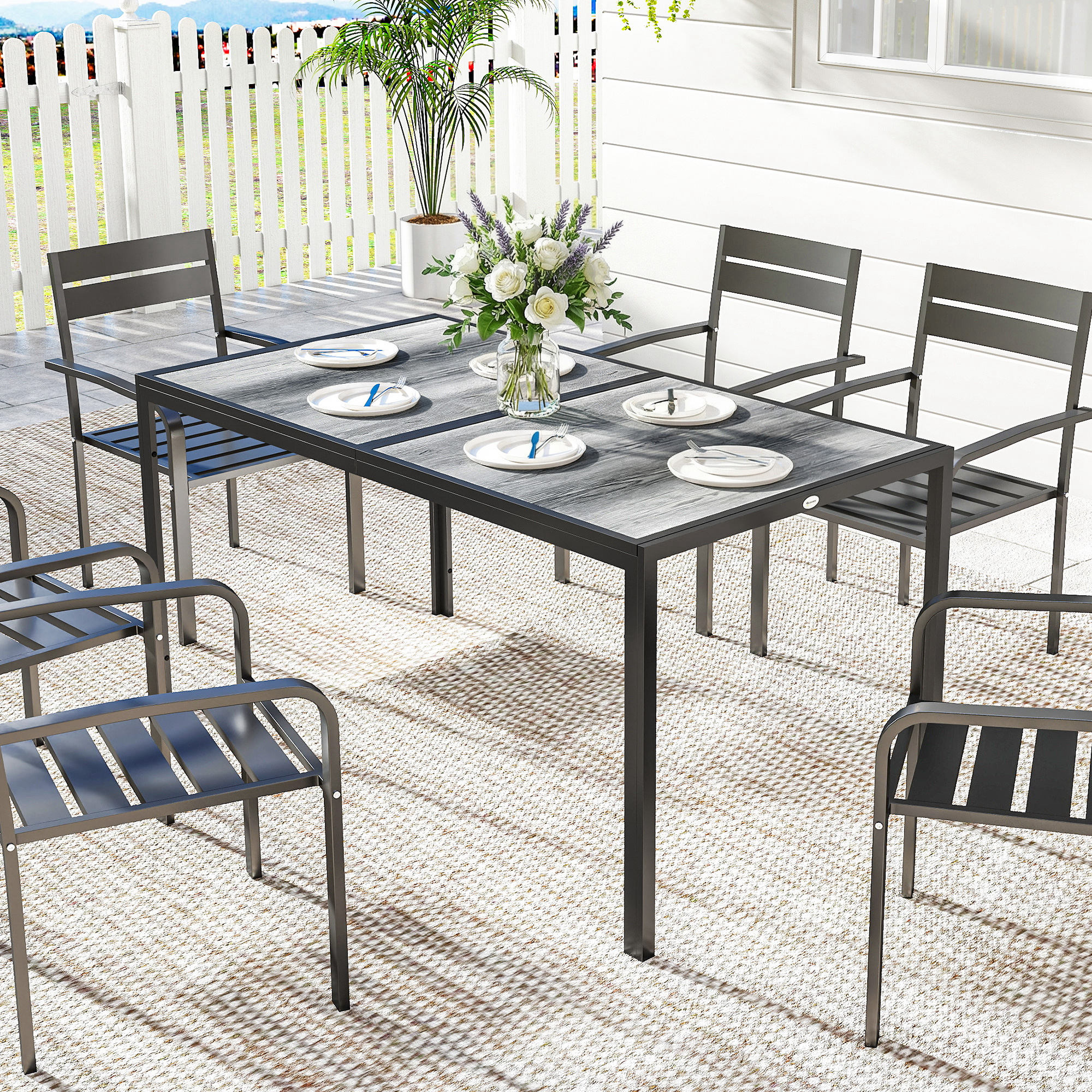 Outdoor Dining Table for 4-6, 59" Outdoor Patio Table with Metal Legs, Wood-Effect Top, Grey - Image 6