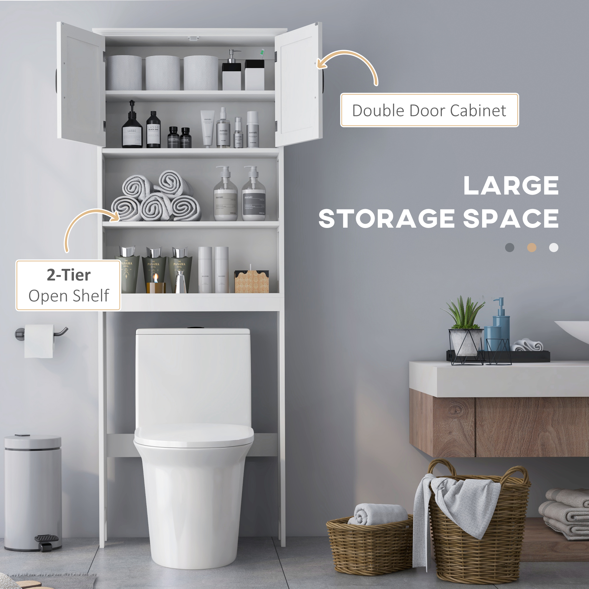 Modern Over The Toilet Storage, Bathroom Cabinets Over Toilet with Open Shelves and Double Door Cabinet, White - Image 2