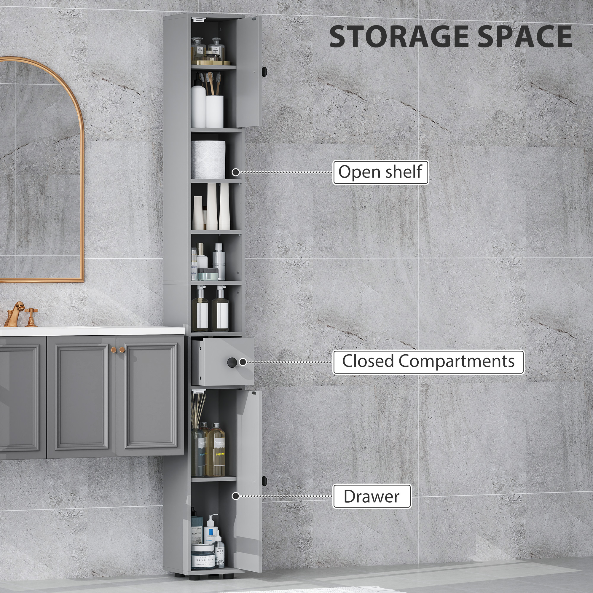 71" Tall Bathroom Cabinet, Narrow Toilet Paper Cabinet with Open Shelves, 2 Door Cabinets, Adjustable Shelves, Grey - Image 2