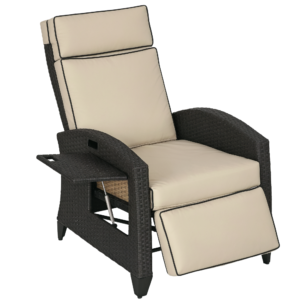Outdoor Recliner Chair with Adjustable Backrest and Footrest, Washable Cushion, Side Tray, Up to 352 lbs, Khaki