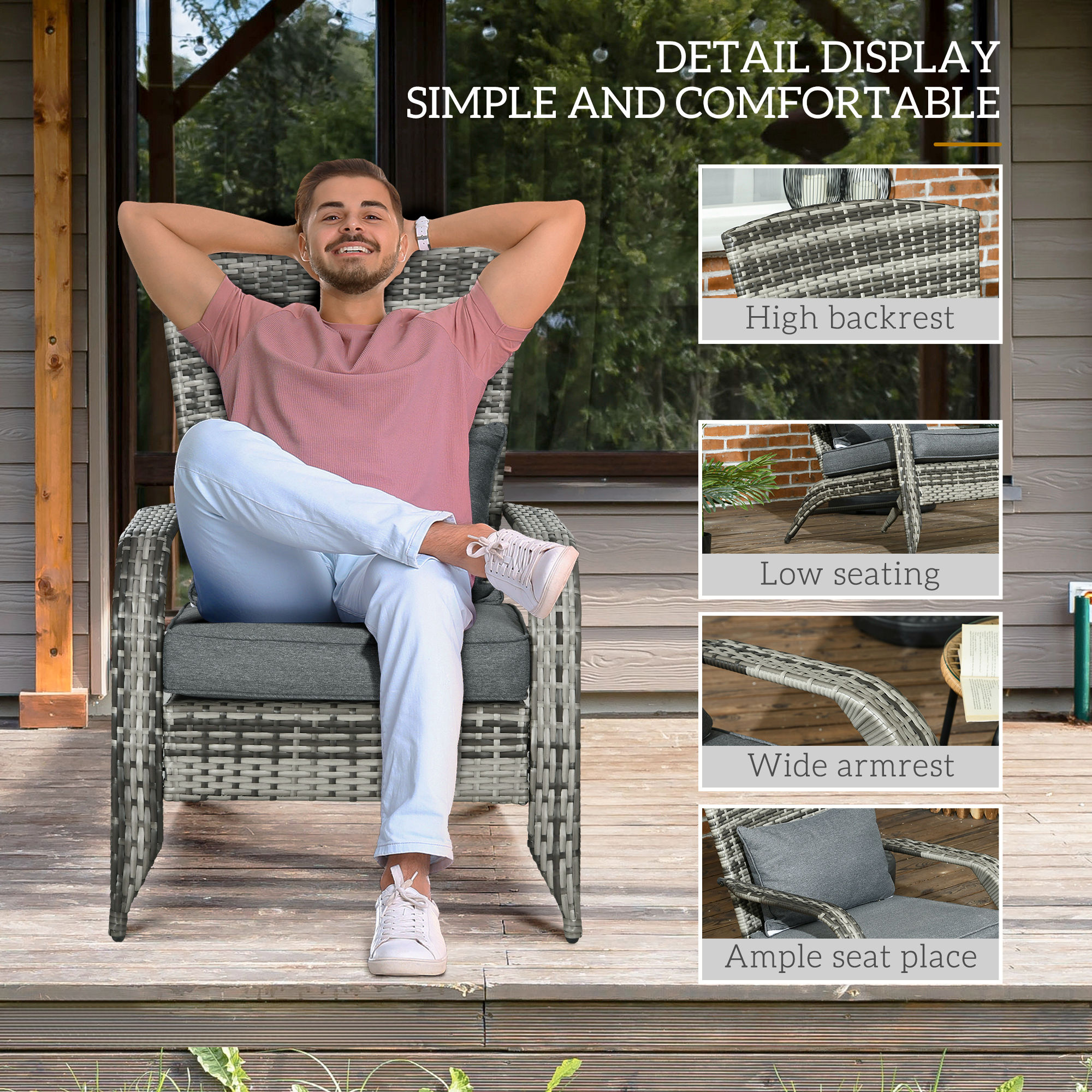 Patio Wicker Adirondack Chair, Outdoor PE Rattan Fire Pit Chair, Muskoka Chair w/ Soft Cushions, Tall Curved Backrest and Comfortable Armrests for Deck Garden, Grey - Image 3