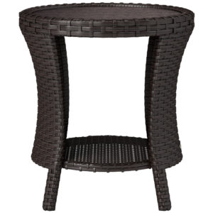 18" Wicker Outdoor Coffee Table, PE Rattan Patio Side Table with 2-Tier Storage, Composite Wood Top, Brown