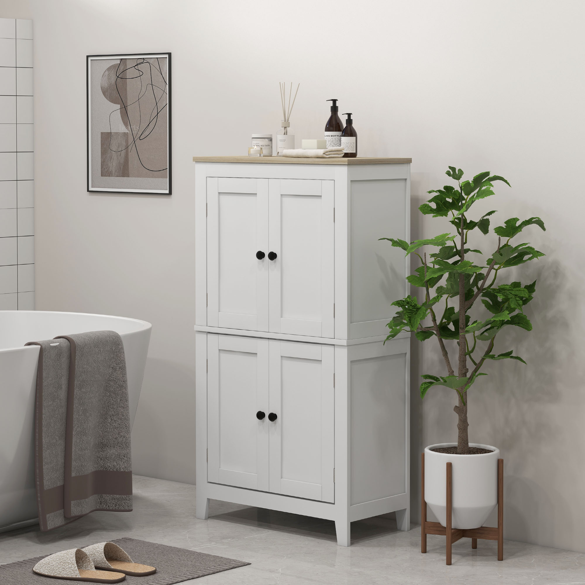 Bathroom Storage Cabinet, Modern Bathroom Floor Cabinet with 4 Doors and 2 Adjustable Shelves, White - Image 6