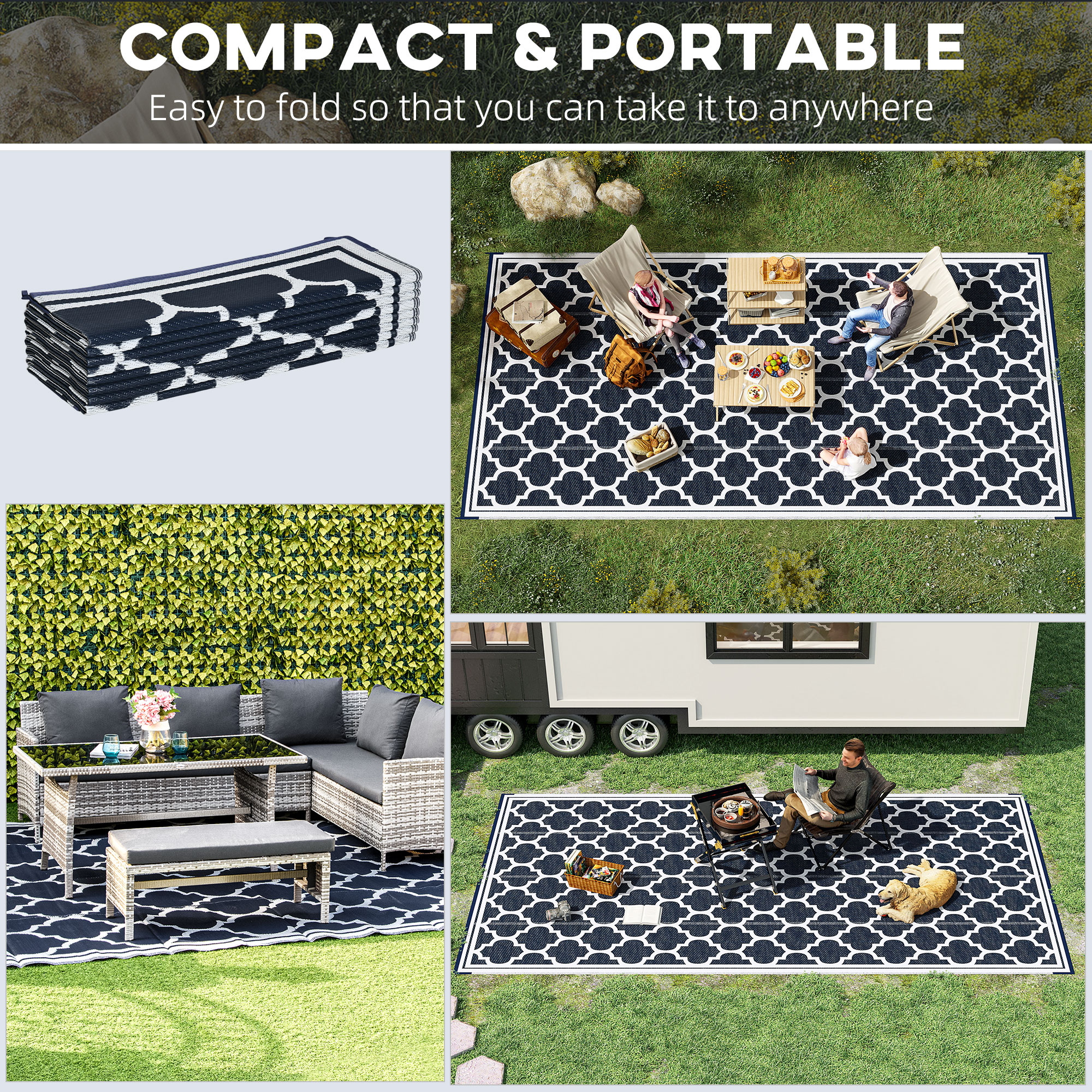 Reversible Outdoor RV Rug, 9' x 18' Patio Floor Mat, Plastic Straw Rug, Dark Blue and White - Image 2