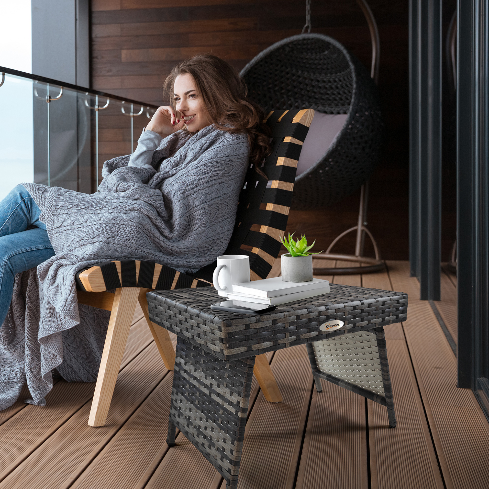 Outdoor Rattan Foldable End Table, Metal Frame Patio Wicker Table, Coffee Table Side Table for Poolside, Lawn, Garden, Mixed Grey - Image 6