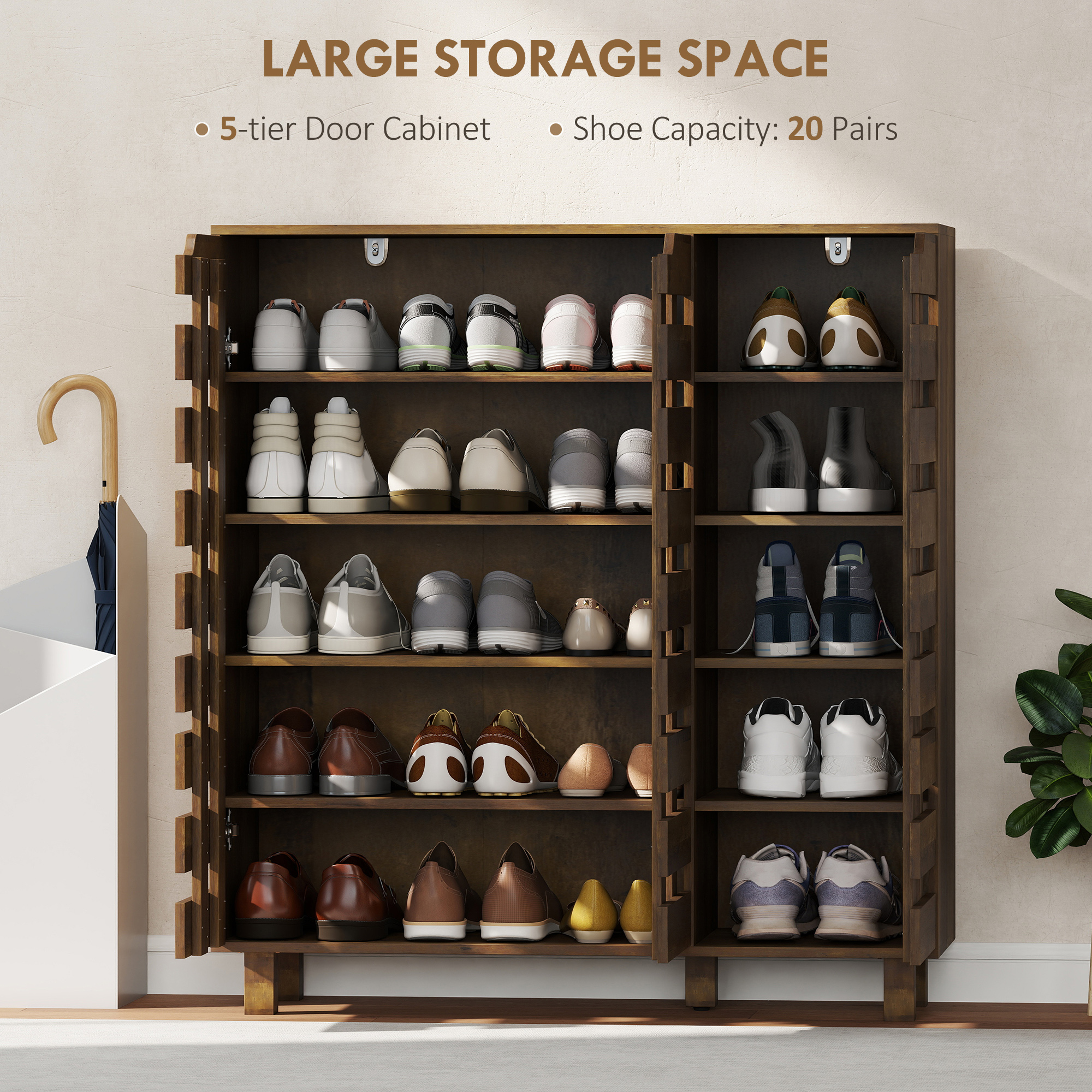 Shoe Cabinet, 20 Pair Shoe Storage Cabinet with Hollowed-Out Doors, Distressed Brown - Image 2