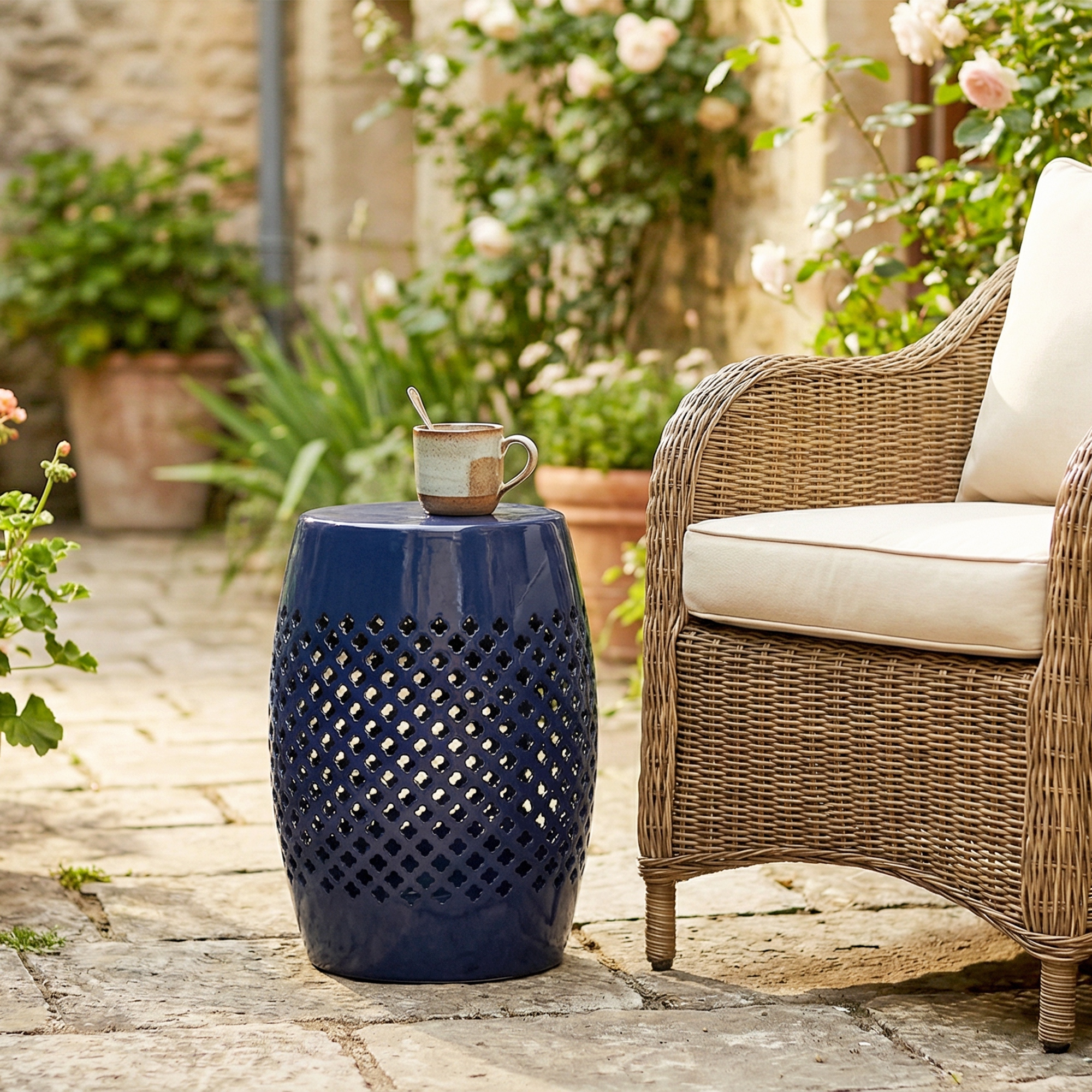 12" Steel Patio End Table, Round Hollow Drum Side Table, Accent Table for Indoor and Outdoor, Navy Blue - Image 5