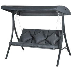 3-Person Patio Swing Chair, Outdoor Porch Swing Bench with Adjustable Canopy, Cushioned Seat, Dark Grey