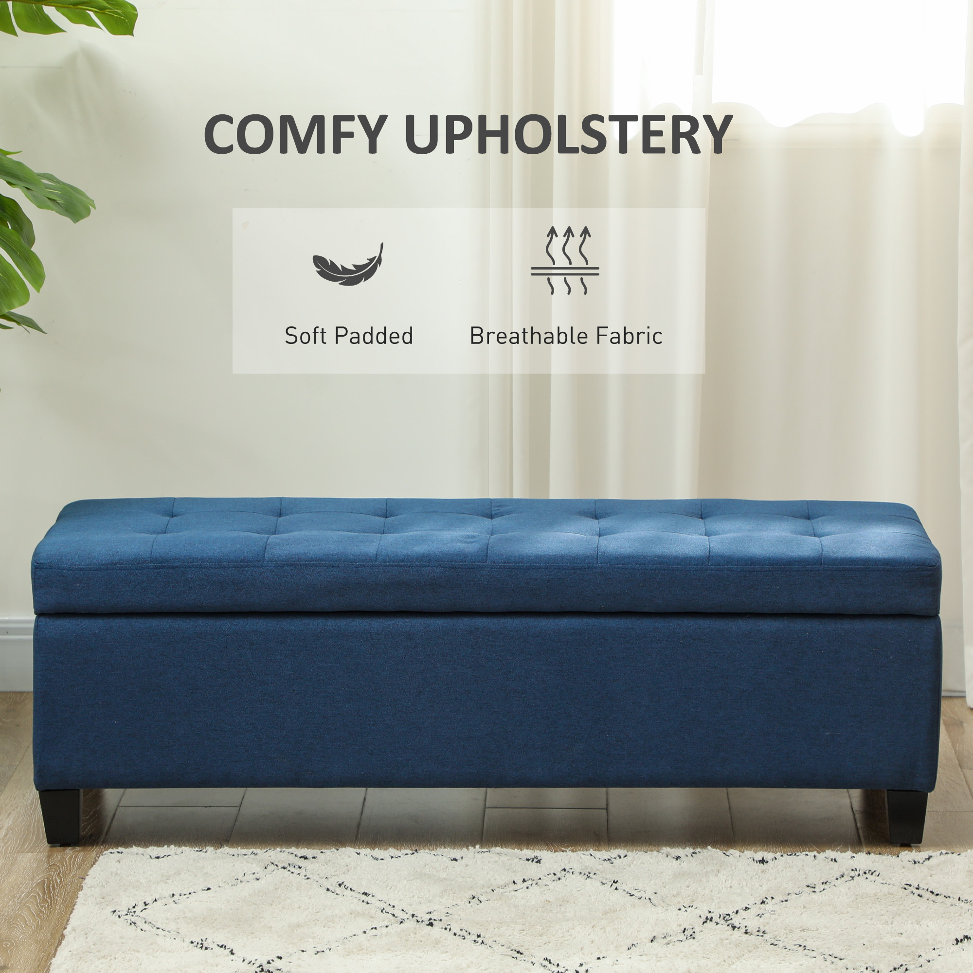 Rectangular Entry Bench, Tufted Upholstered Linen Fabric Wood Feet Storage Ottoman Bench, Blue - Image 4