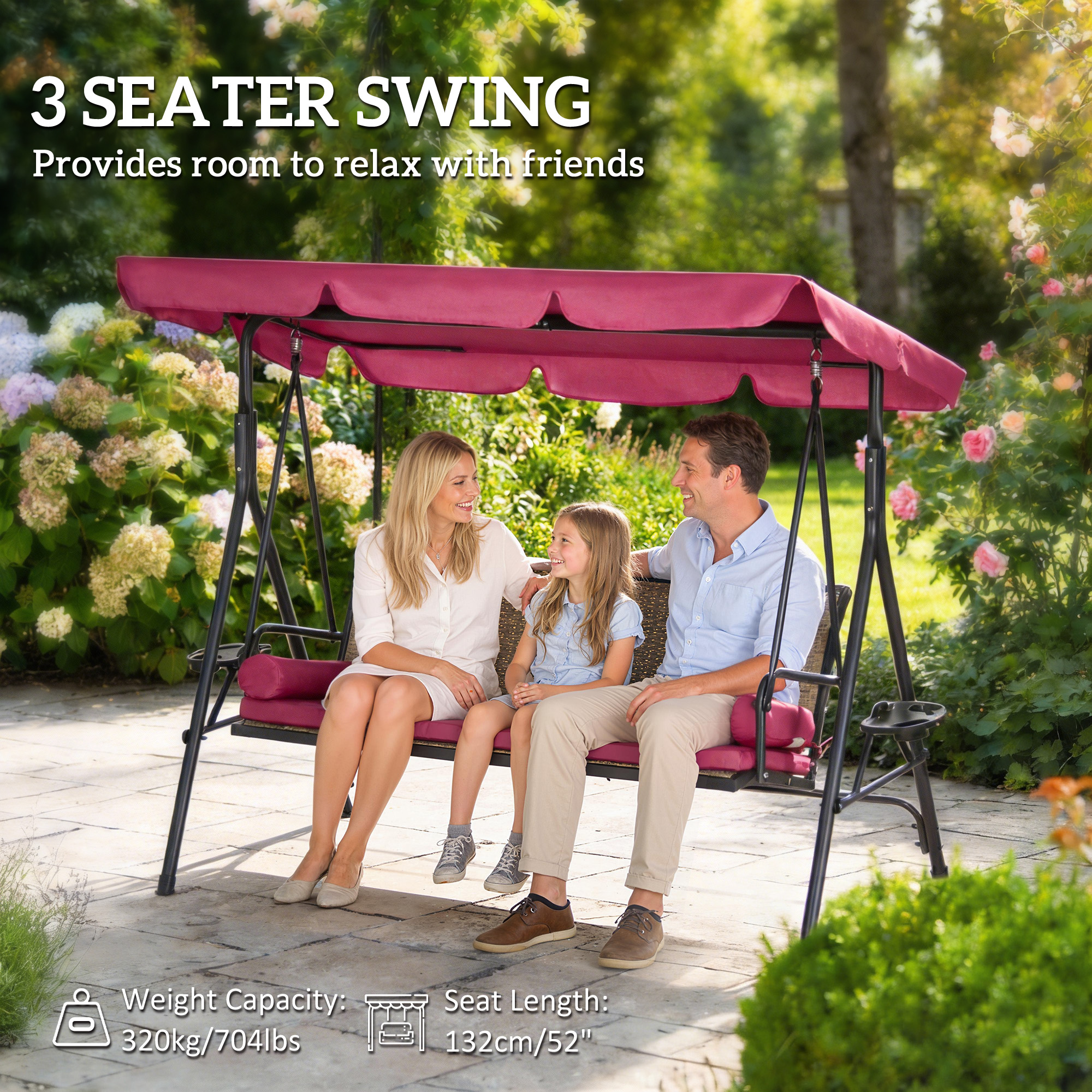 Outdoor 3-Seat Porch Swing with Canopy, Rattan Seat, Removable Cushion, Pillows and Steel Frame - Image 2