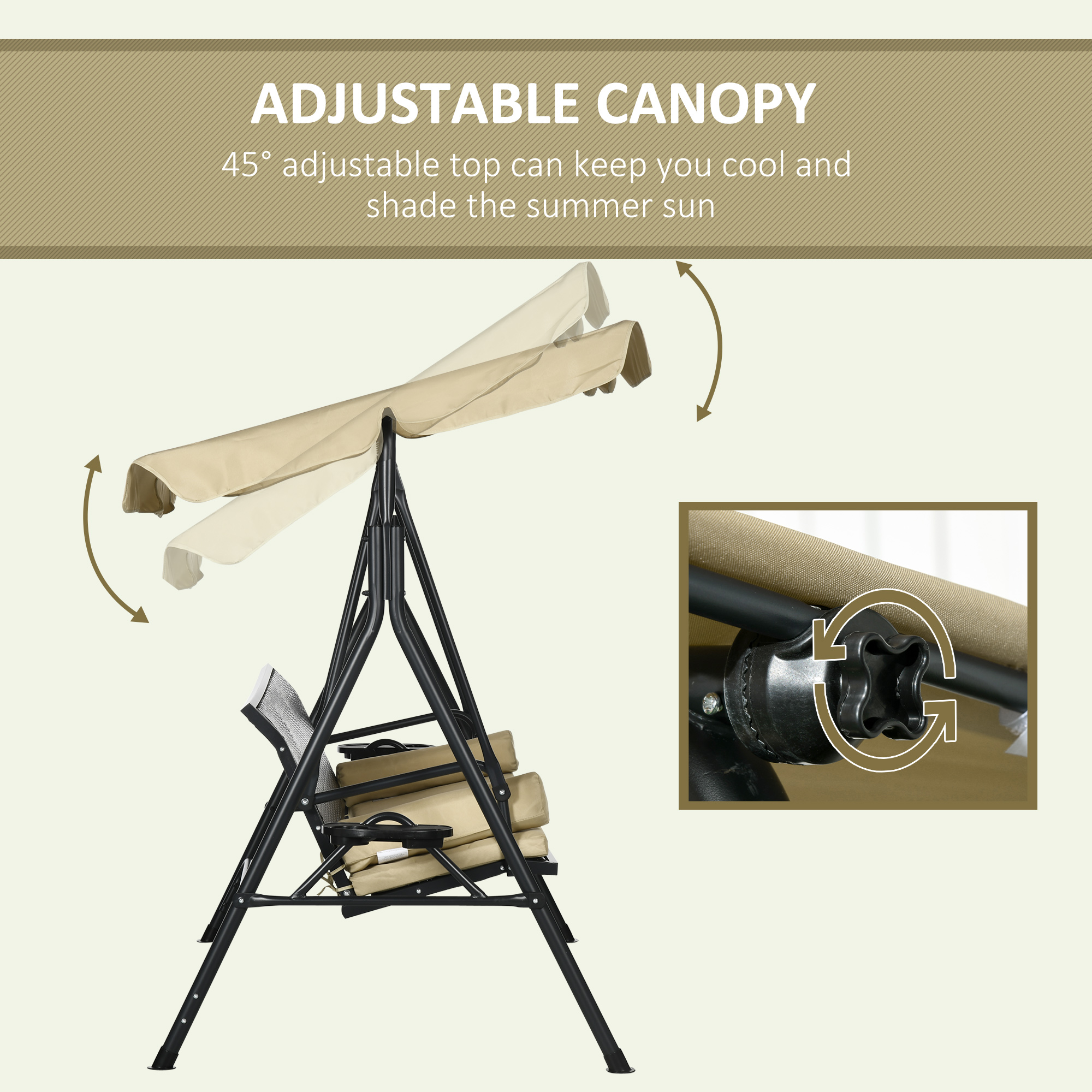 Outdoor 3-Seat Porch Swing with Canopy, Rattan Seat, Removable Cushion, Pillows and Steel Frame - Image 3