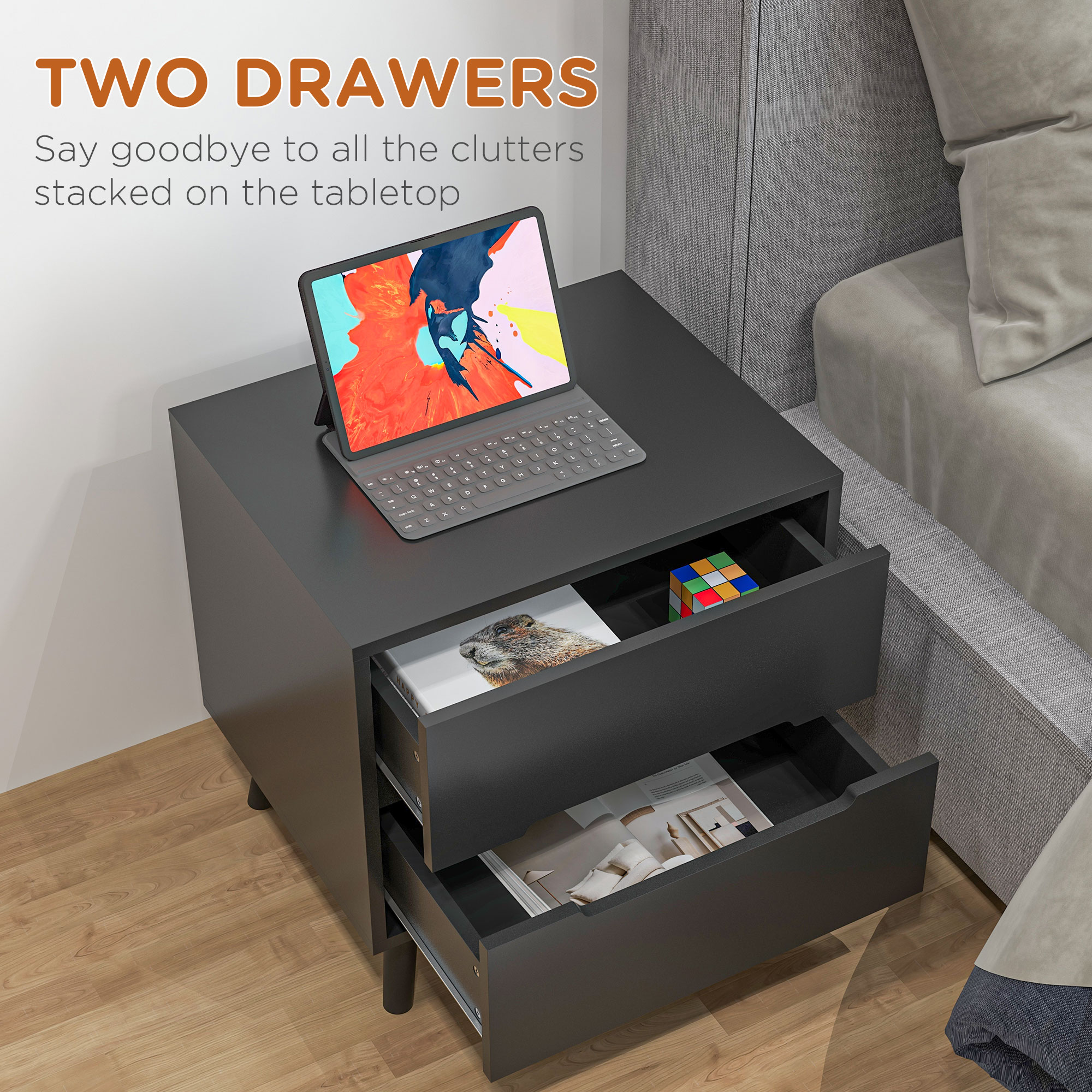 Modern Nightstand, Night Table with 2 Drawers, Bed End Table with Solid Wood Legs for Bedroom - Image 3
