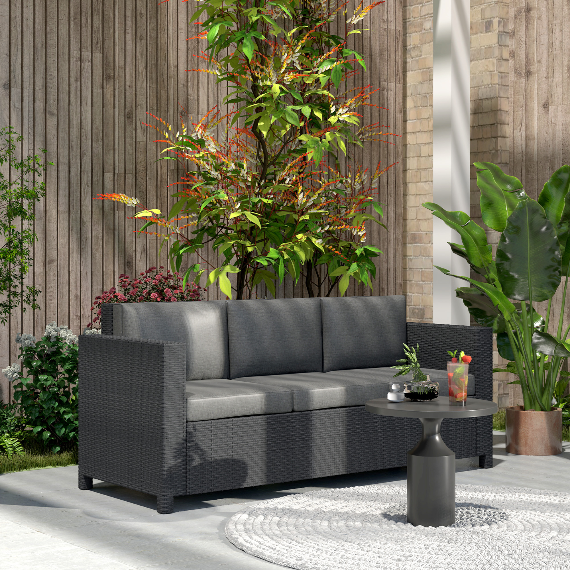 Deluxe 3 Seat Rattan Wicker Sofa Garden Outdoor Patio Furniture with Cushion, Grey - Image 6
