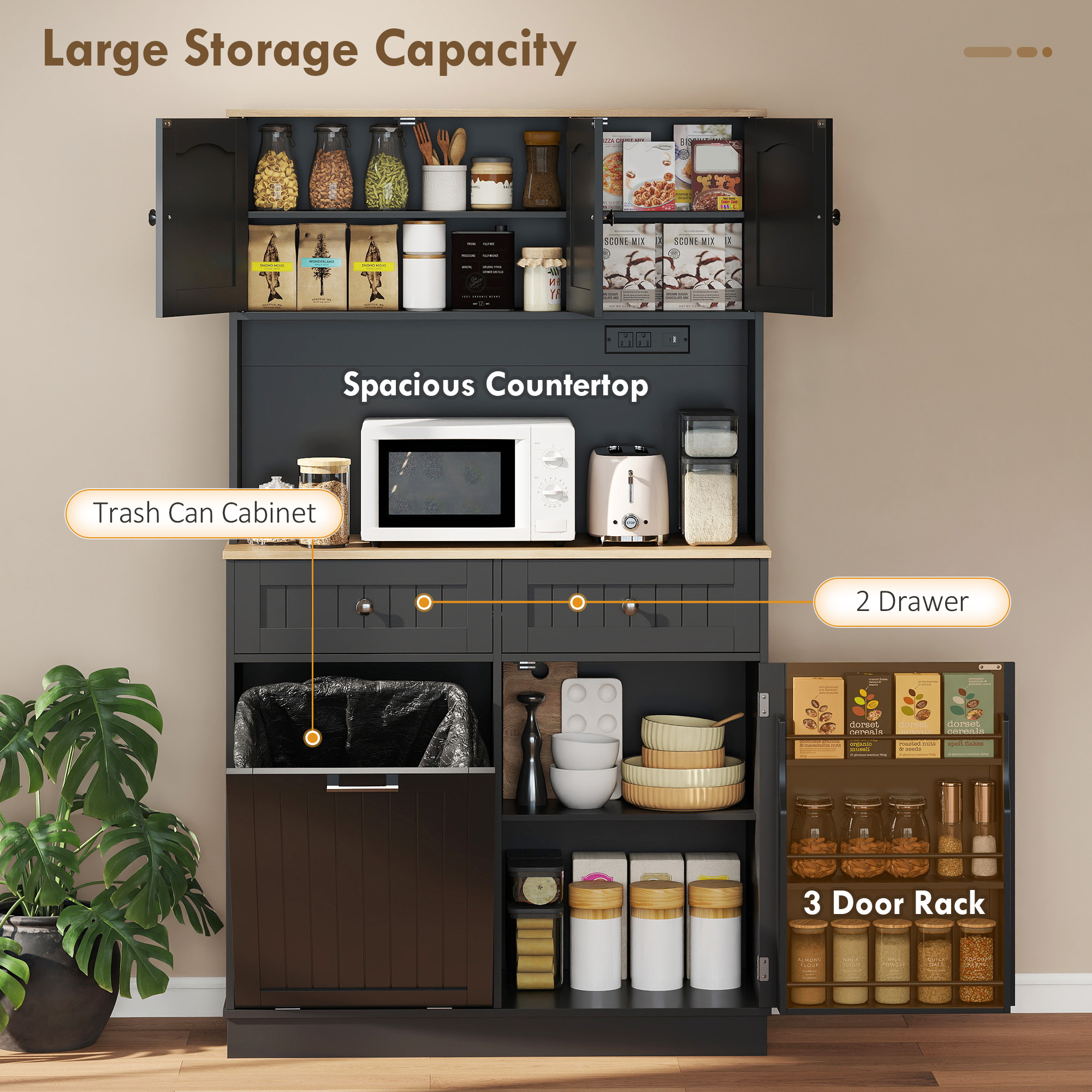 68" Pantry Cabinet with Charging Station, Storage Cabinet with Microwave Stand, 10 Gallon Trash Can Cabinet, Black - Image 2