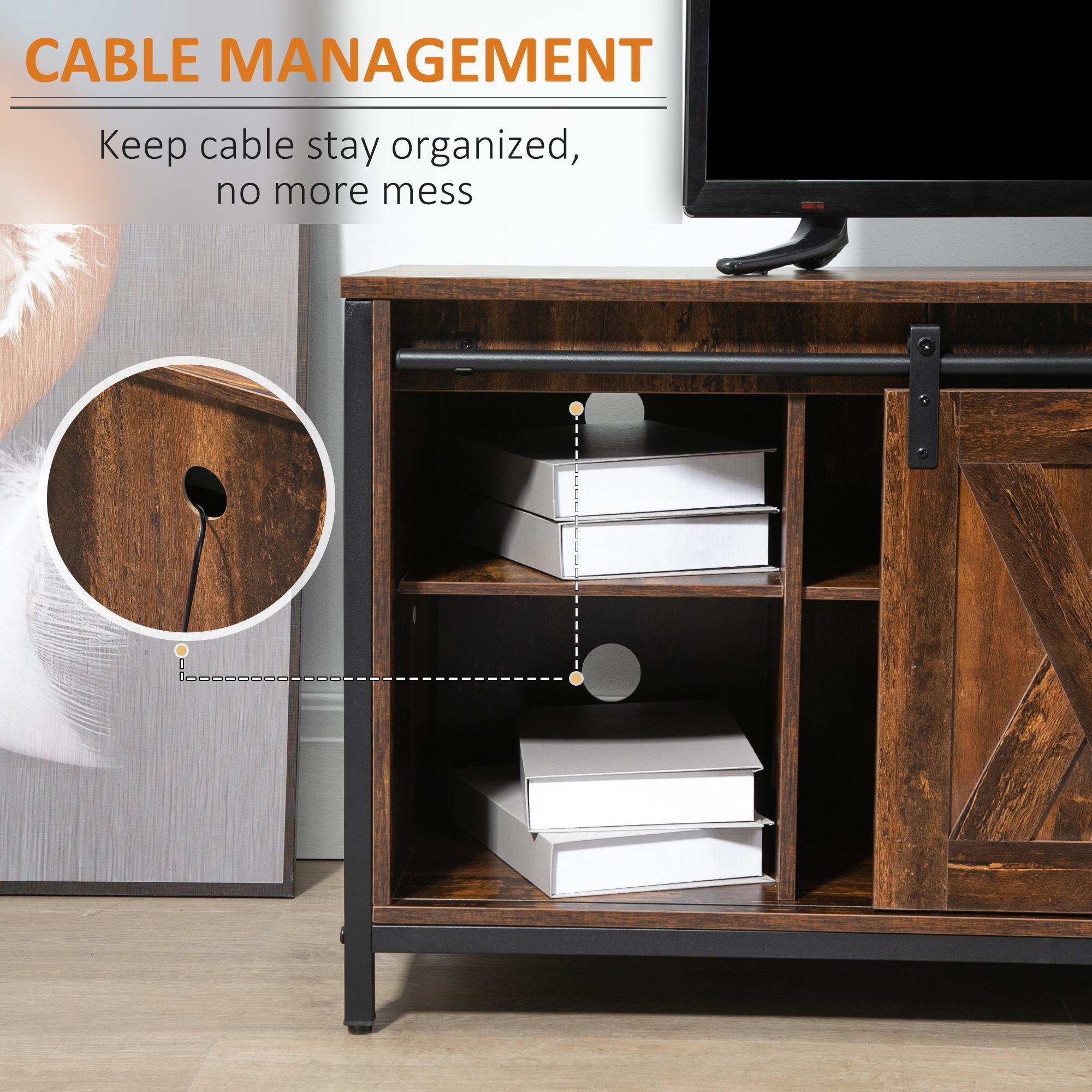 Industrial TV Stand for TVs up to 60", TV Console with Storage and 2 Sliding Barn Doors, Freestanding Entertainment Unit for Living Room, Bedroom, Brown - Image 5