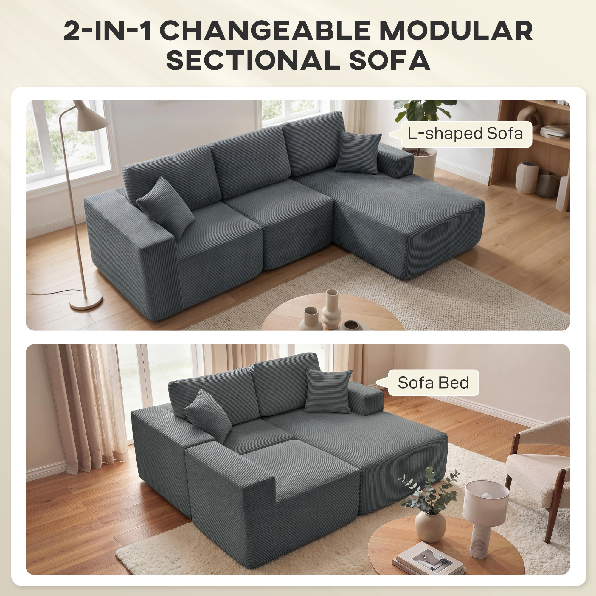 2-in-1 Modular Sectional Sofa, Boneless L Shaped Couch Sofa Bed, Dark Grey - Image 2