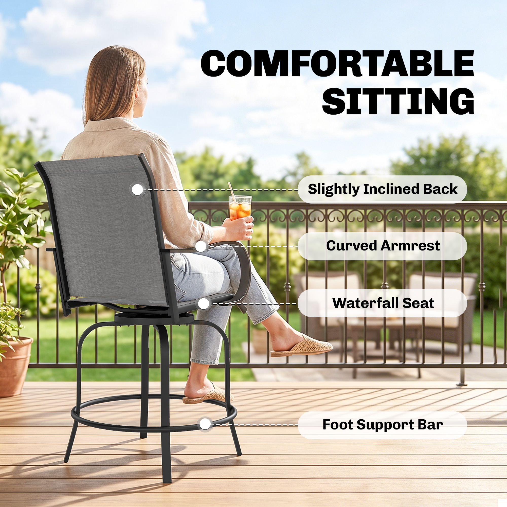 Outdoor Bar Stools Set of 2, 360° Swivel Bar Height Chairs, 26.8" x 29.5" x 48.4", Grey - Image 3