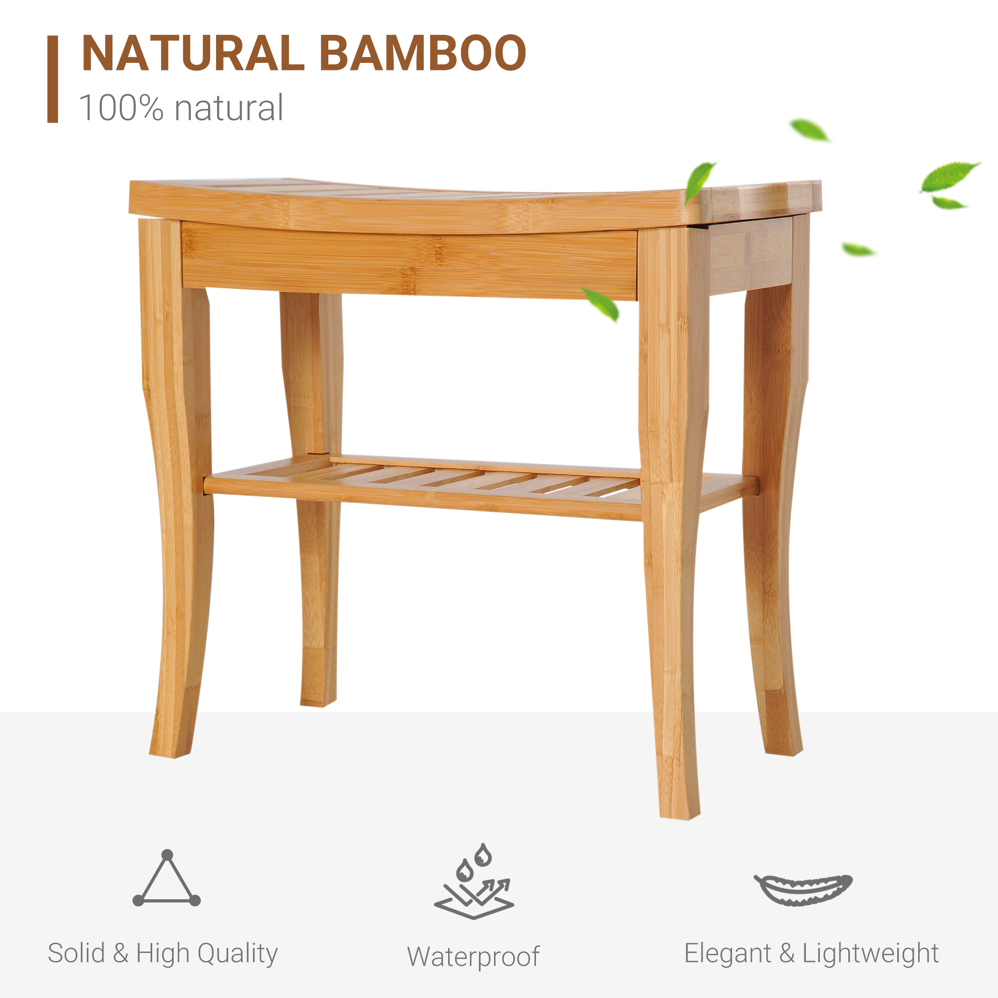 20" Bamboo Shower Bench Bathroom Stool Spa Bath Seat Organizer Storage Shelf - Image 3