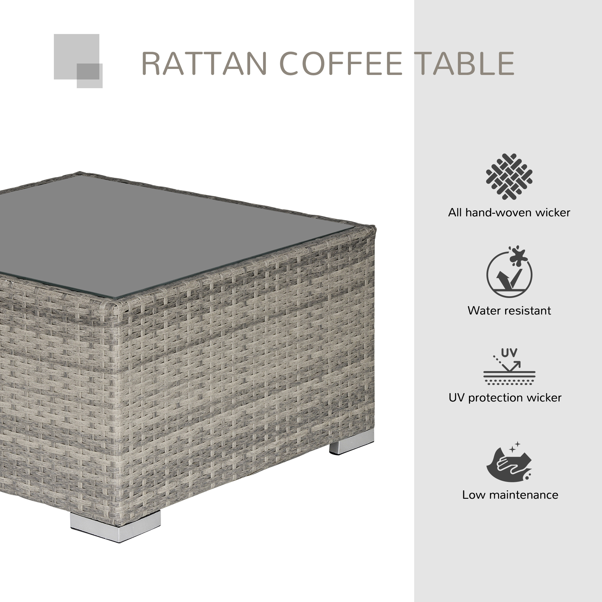 Rattan Garden Coffee Table, 25.6" Square Garden Rattan Table with Tempered Glass Top, Grey - Image 4