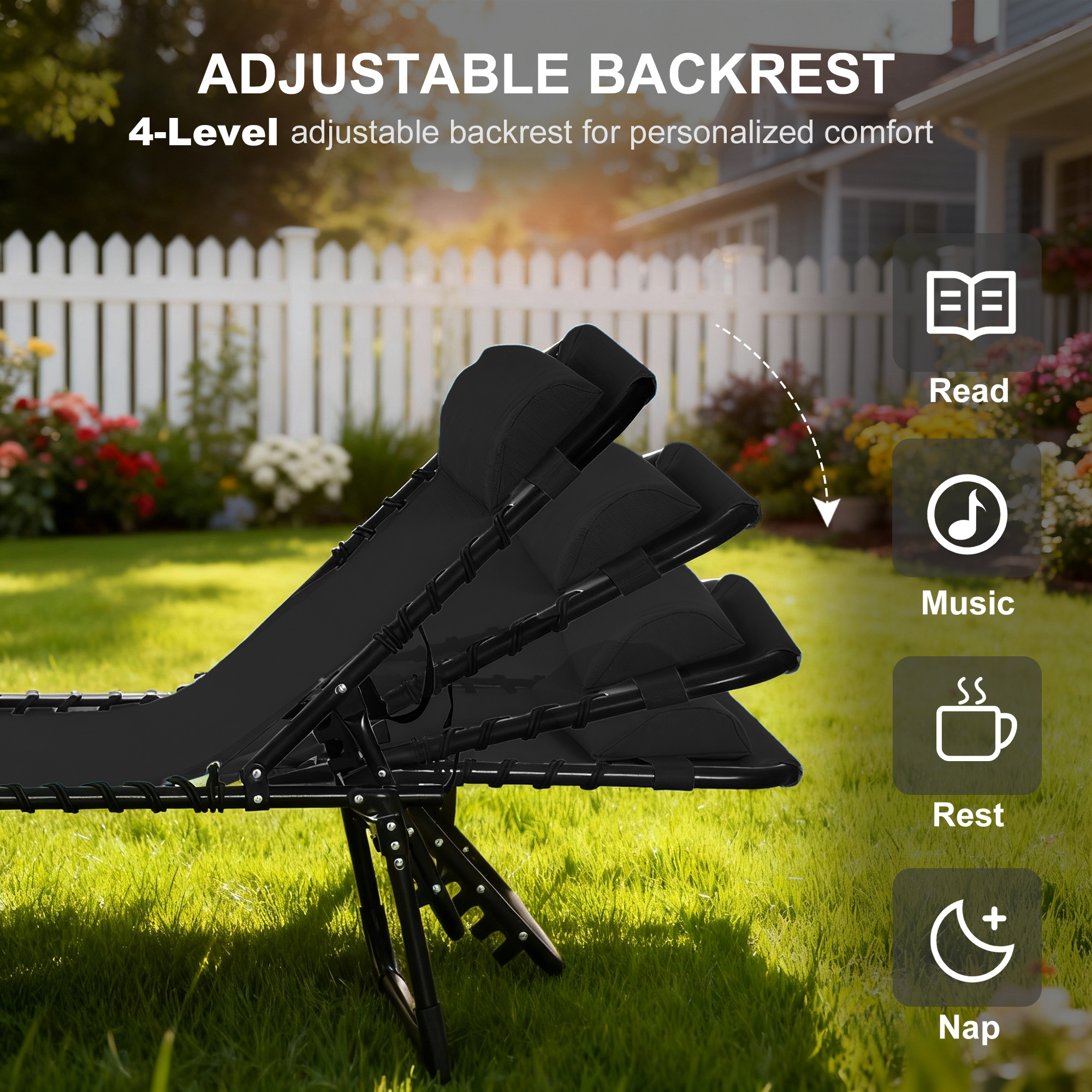 Outdoor Folding Lounge Chair, 4-Level Adjustable Chaise Lounge with Headrest, Tanning Chair Beach Bed Reclining Lounger Cot for Camping, Hiking, Backyard, Black - Image 2