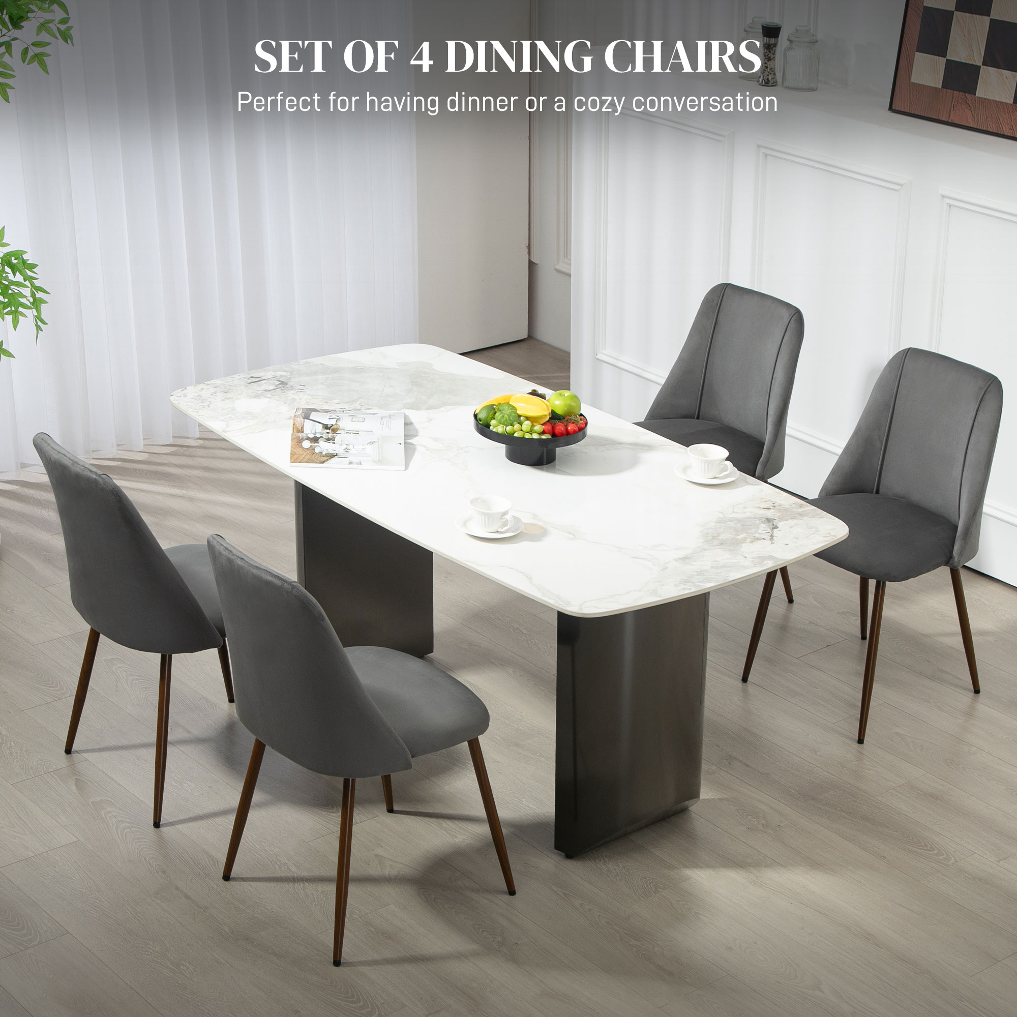 Upholstered Dining Chairs Set of 4, Velvet Accent Chair with Back and Wood-grain Steel Leg for Kitchen, Dark Grey - Image 2