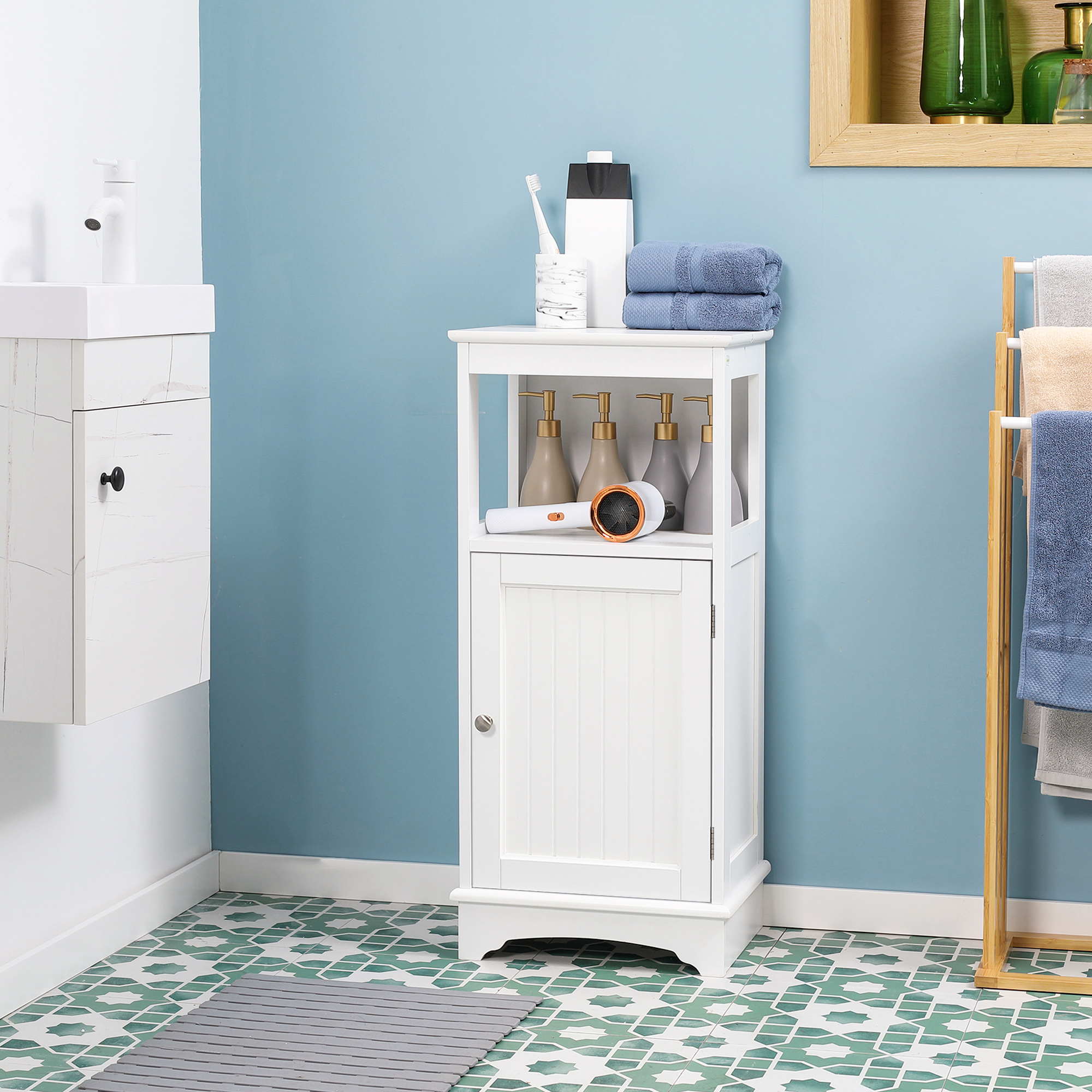 Modern Bathroom Floor Cabinet with Open Shelf, Freestanding Storage Organizer Unit with Single Door for Home Office, Living Room, White - Image 5