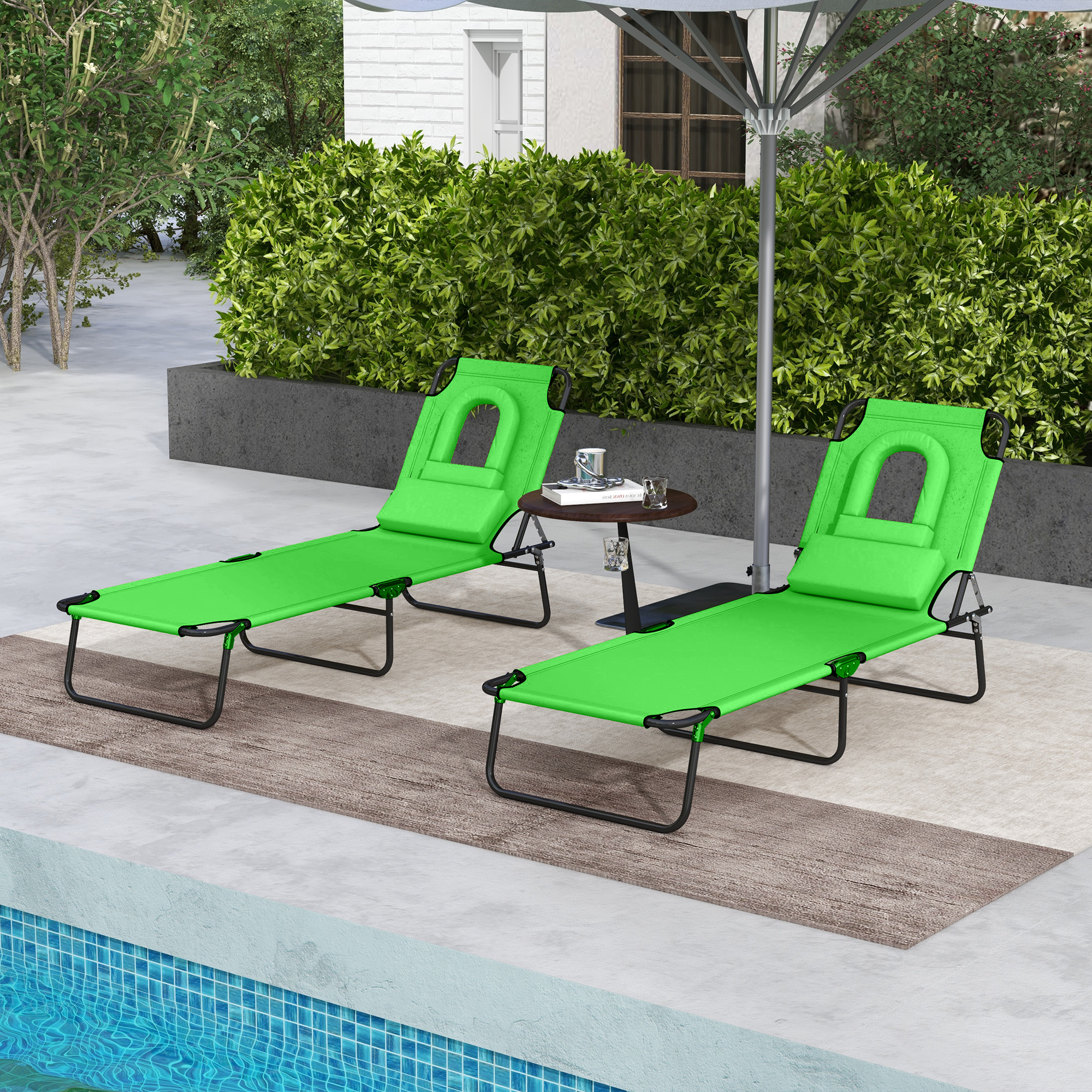 Folding Lounge Chair Set of 2, Reclining Beach Tanning Chair with Face Hole, Pillow, 4-Position Adjustable Flat Sun Lounger, Steel Frame for Outdoor Patio Pool, Green - Image 6