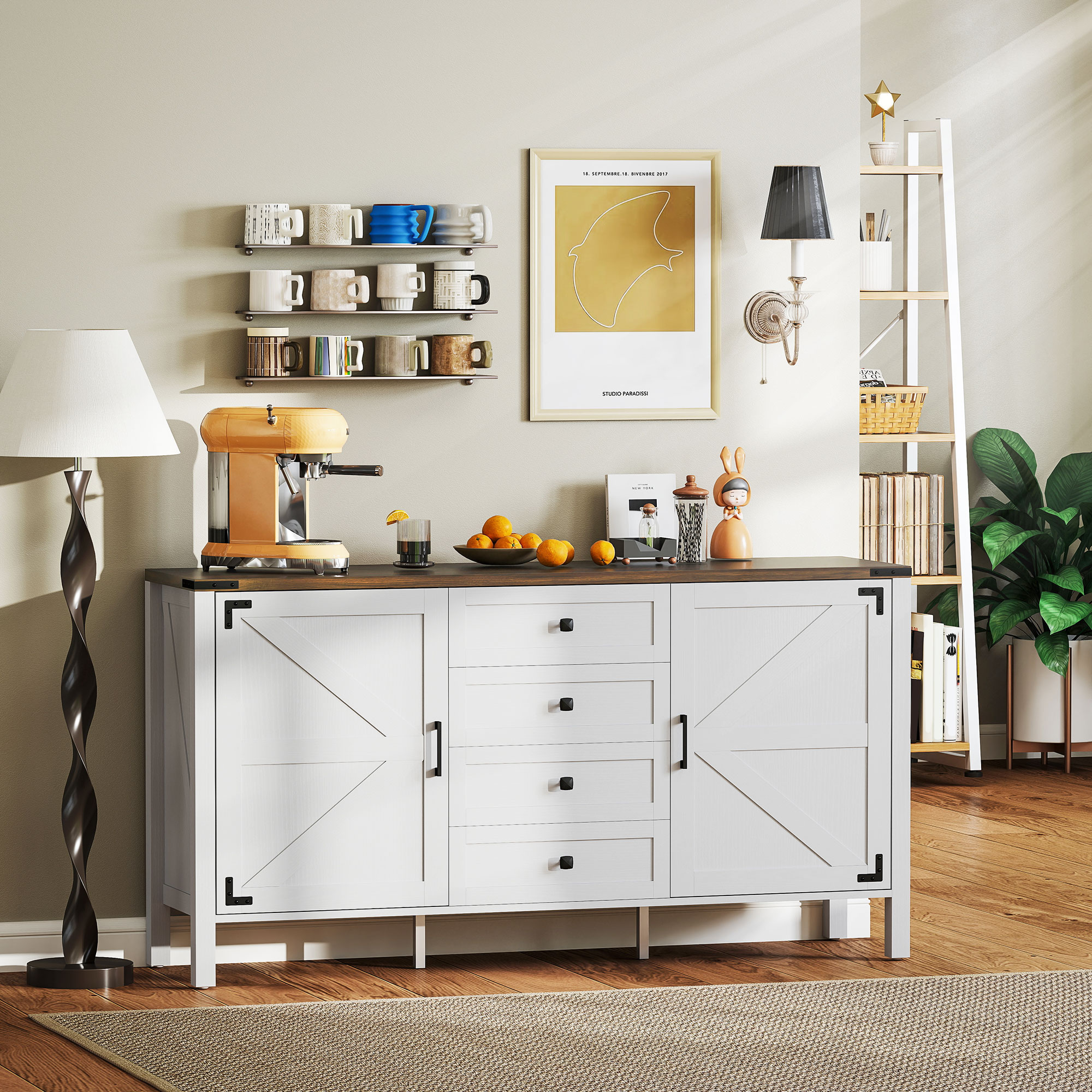 59" Buffet Cabinet, Farmhouse Sideboard with Thick Top, 2 Barn Doors, 4 Drawers and 2 Adjustable Shelves, White - Image 6
