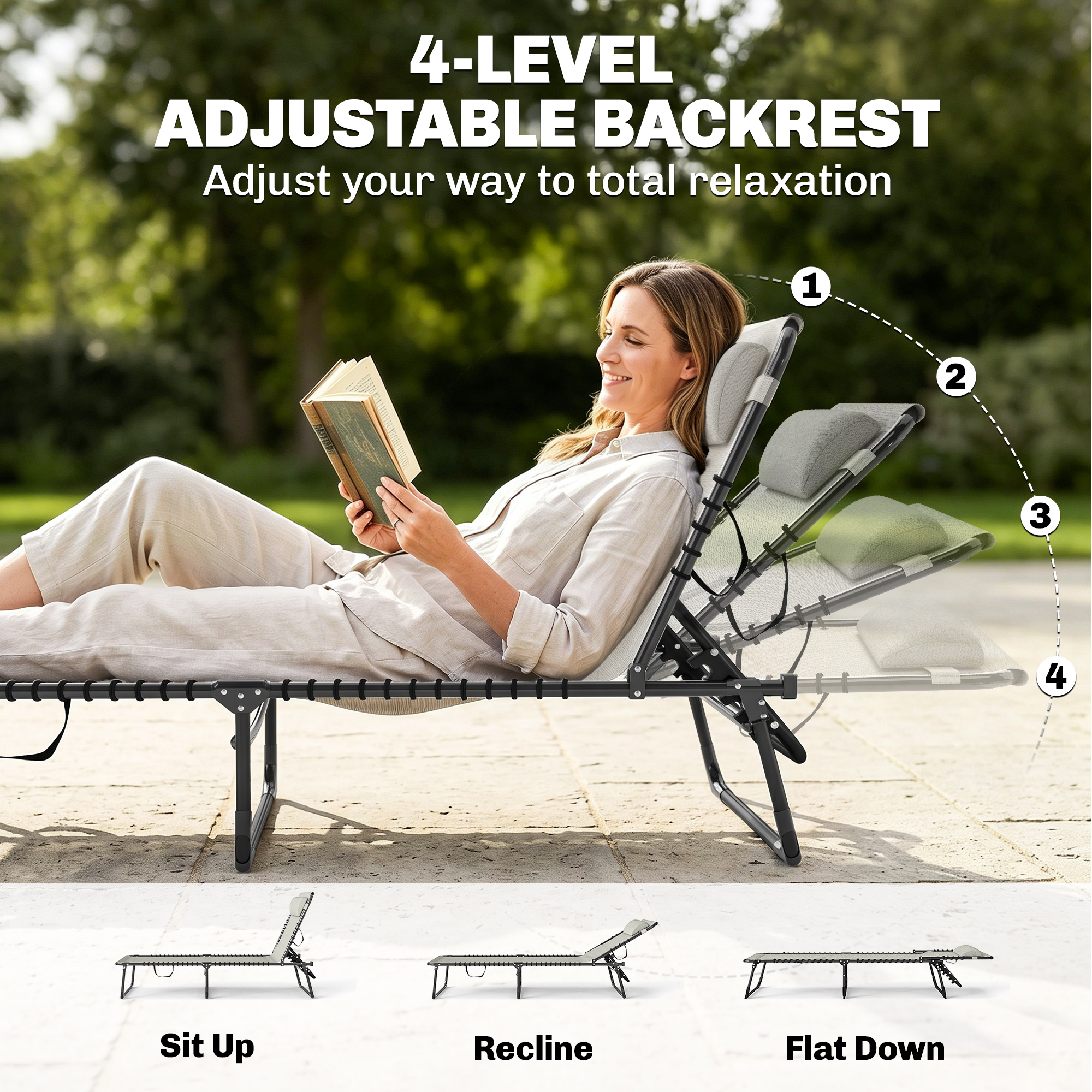 Outdoor Folding Lounge Chair, 4-Level Adjustable Chaise Lounge with Headrest, Tanning Chair Beach Bed, Reclining Lounger Cot for Camping, Hiking, Backyard, Cream - Image 2