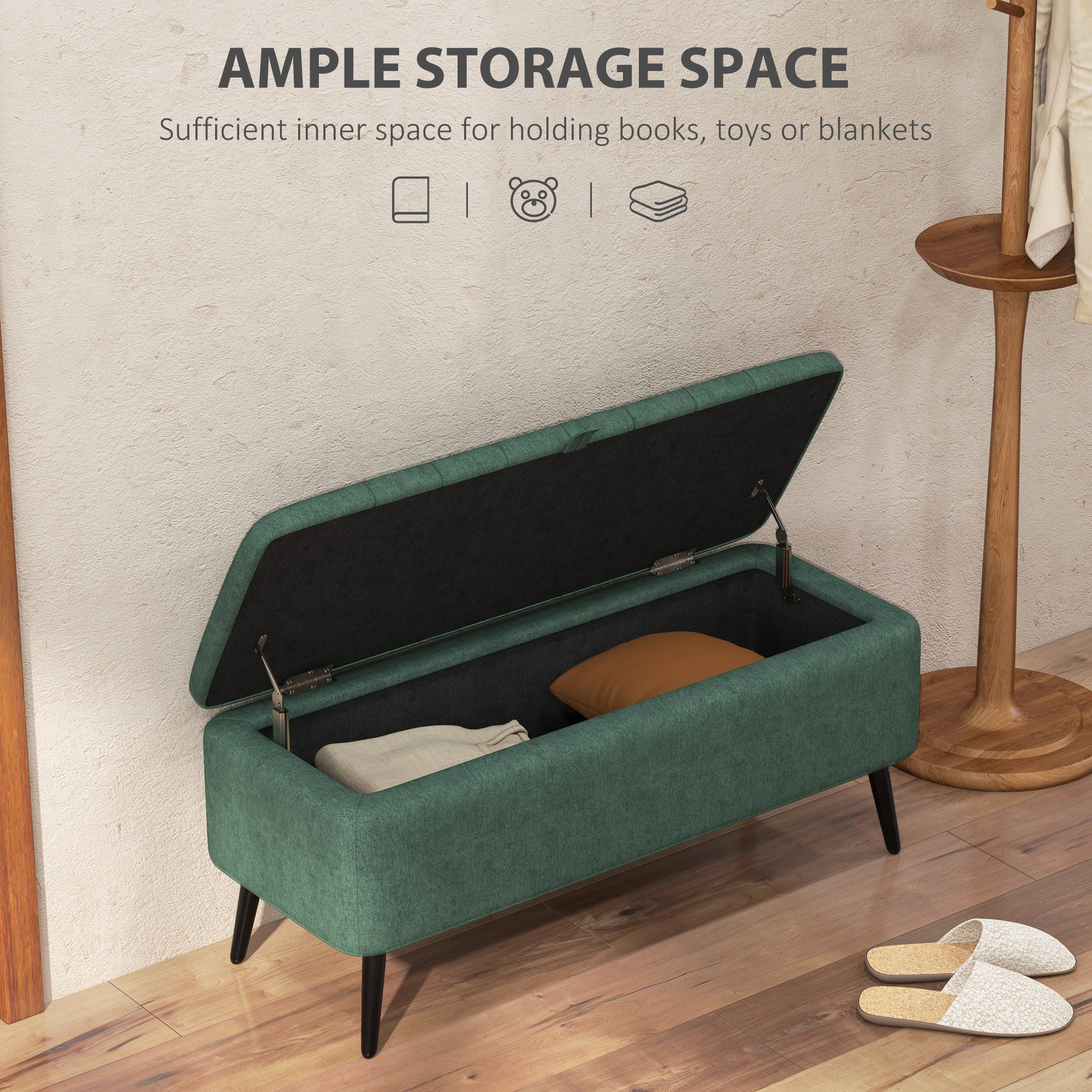 40" Ottoman with Storage, Linen Upholstered Storage Ottoman Bench with Steel Legs for Living Room, Bedroom Dark Green - Image 2