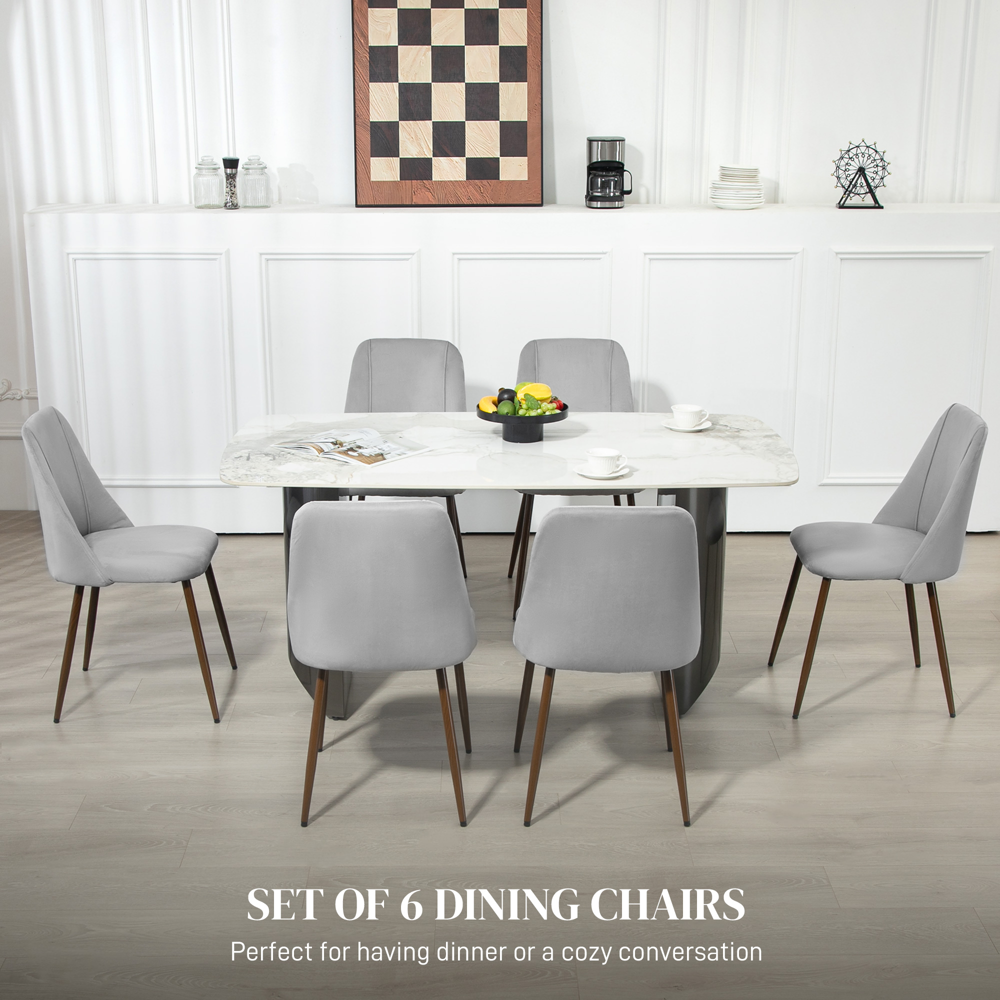 Upholstered Dining Chairs Set of 6, Velvet Accent Chair with Back and Wood-grain Steel Leg for Kitchen, Grey - Image 2