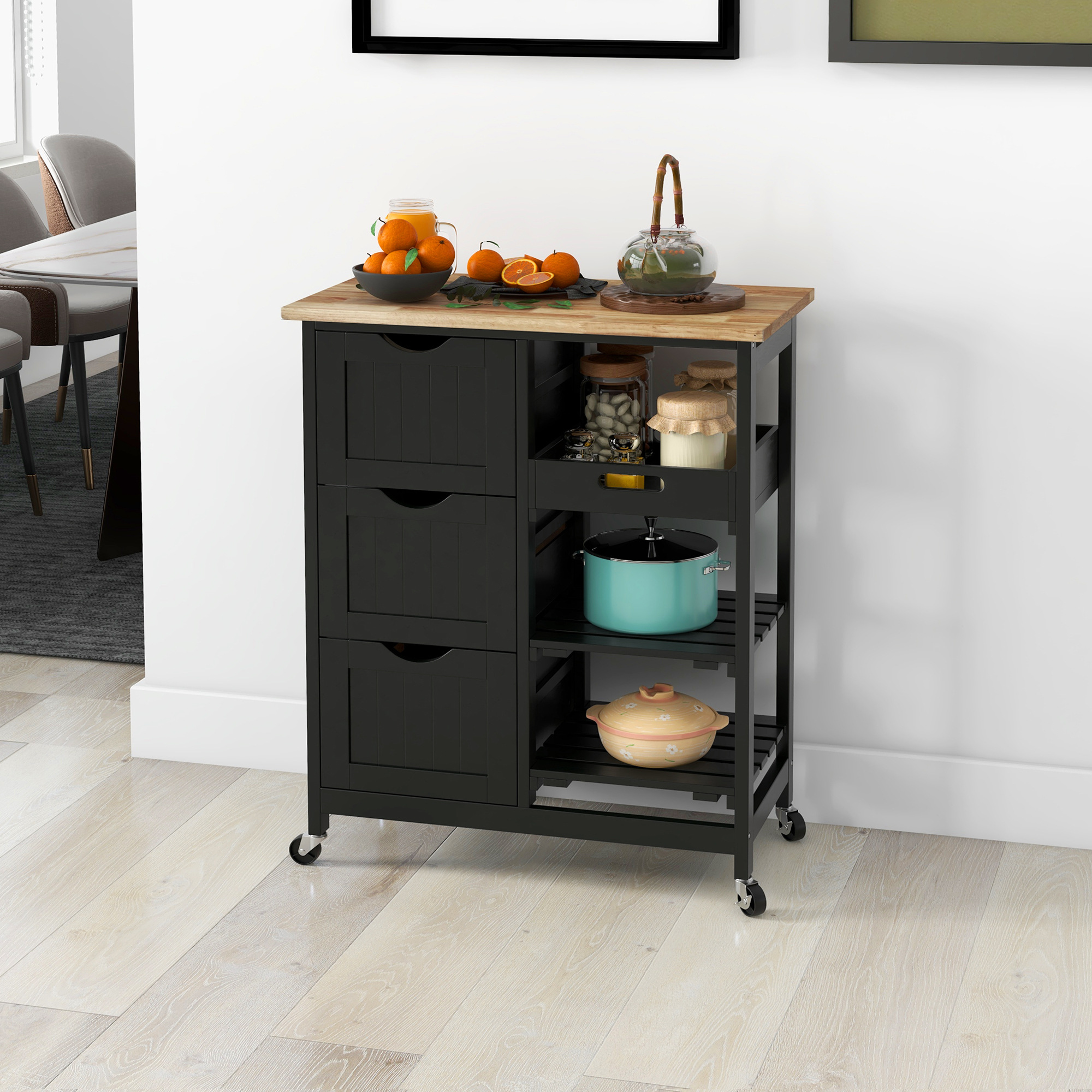 Kitchen Cart on Wheels, Rolling Kitchen Island Cart with Wood Top, 3 Drawers and Shelves for Home Dining Area, Black - Image 6