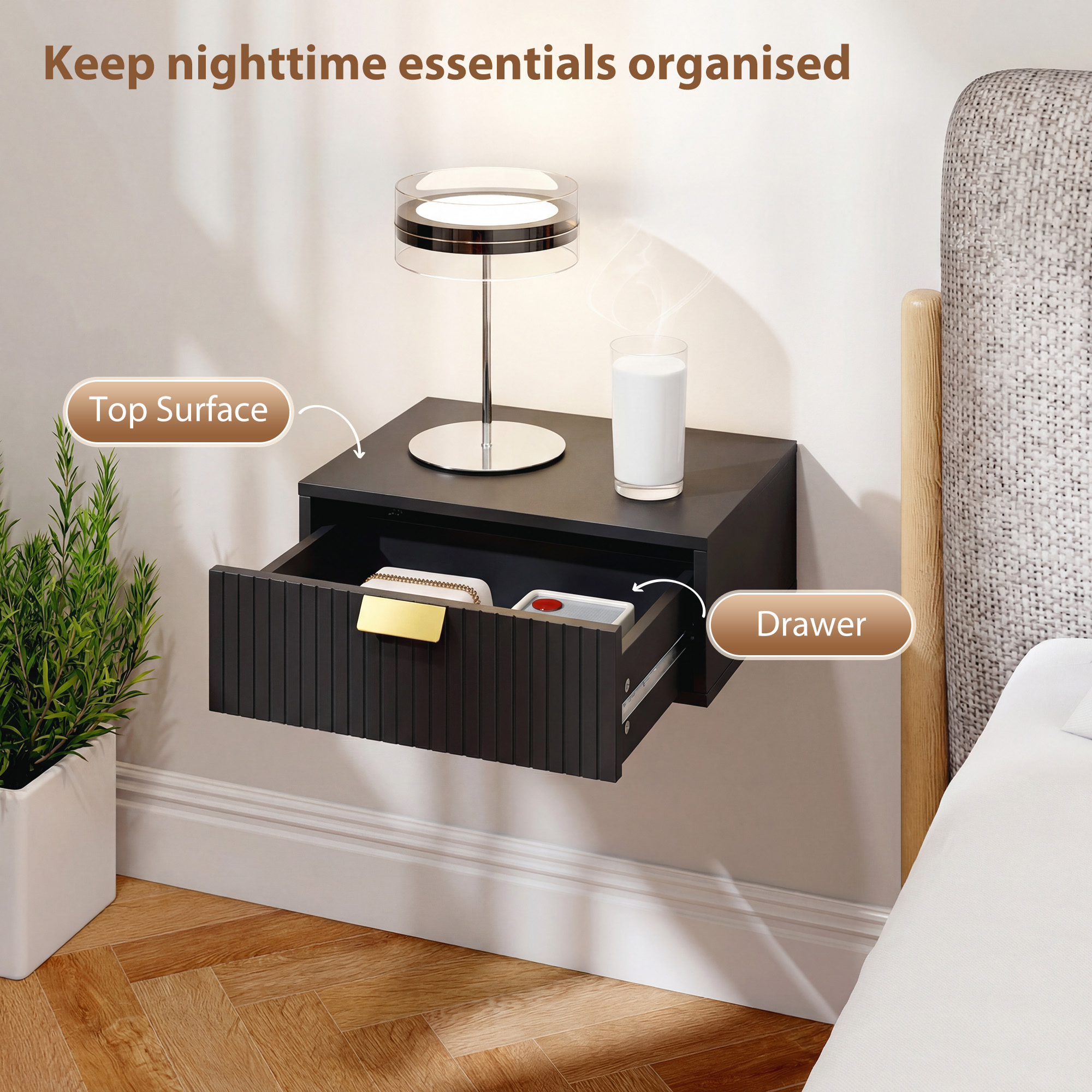 Modern Floating Nightstands Set of 2, Wall Mounted Bedside Tables with Wave Drawer Black - Image 3