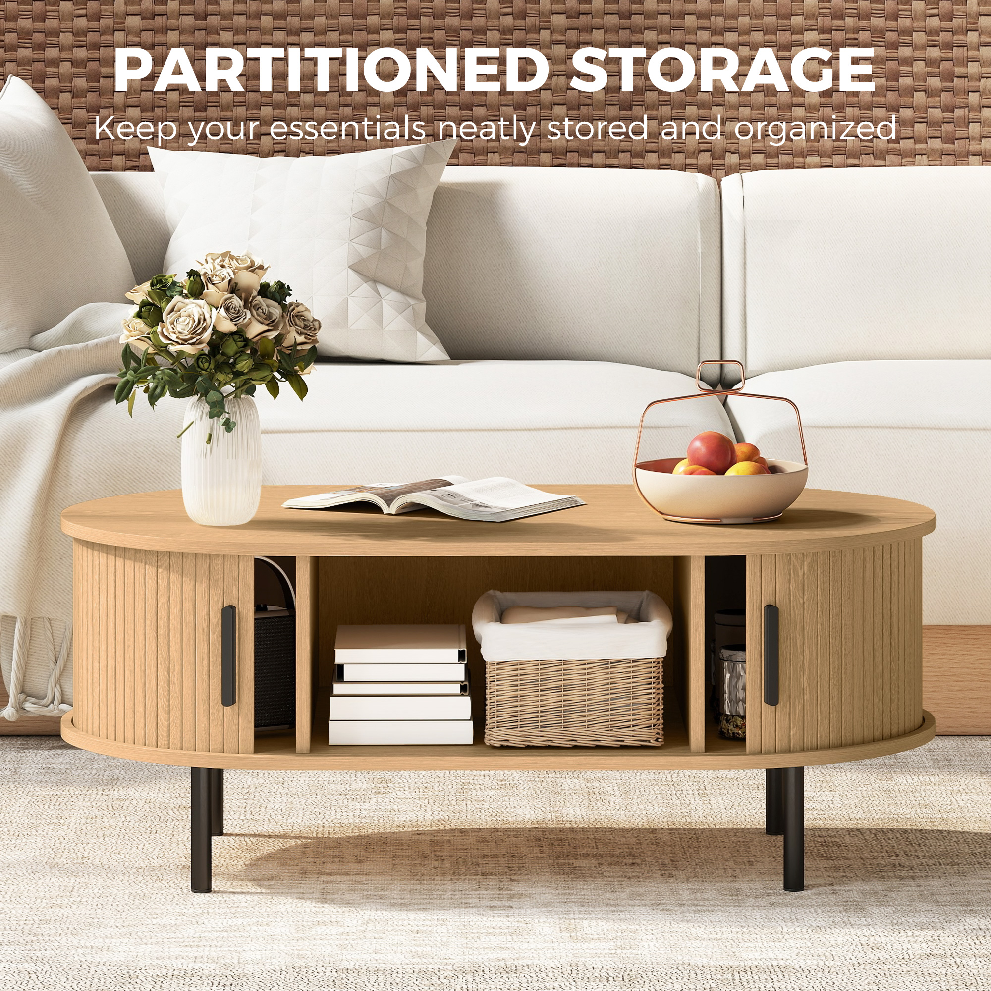 Coffee Table with Sliding Tambour Doors and Storage Center Table with Metal Legs, 39", Natural - Image 4