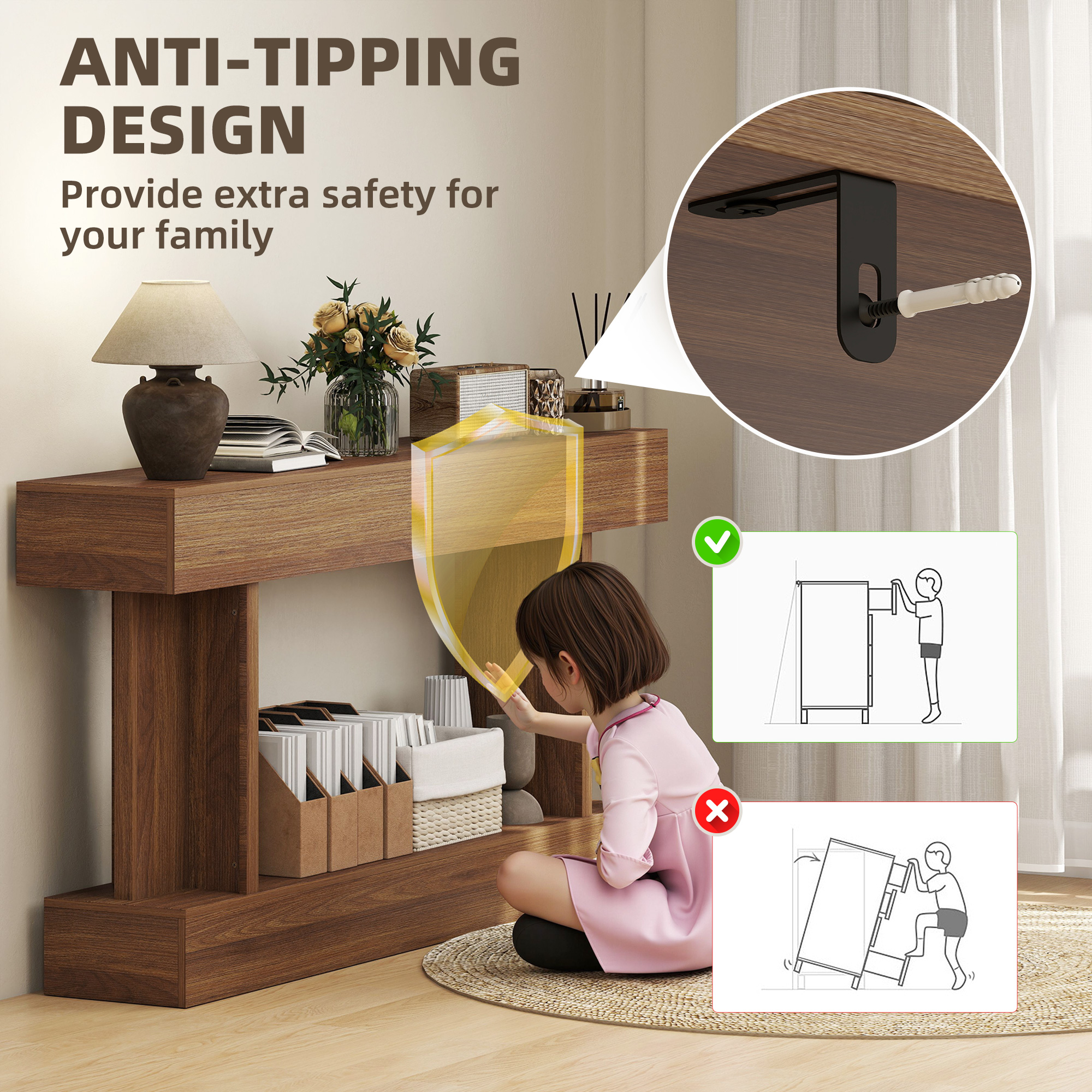 63 Inch Long Console Table, Vintage Narrow Entryway Table with Storage Shelf for Living Room and Hallway, Dark Brown - Image 4