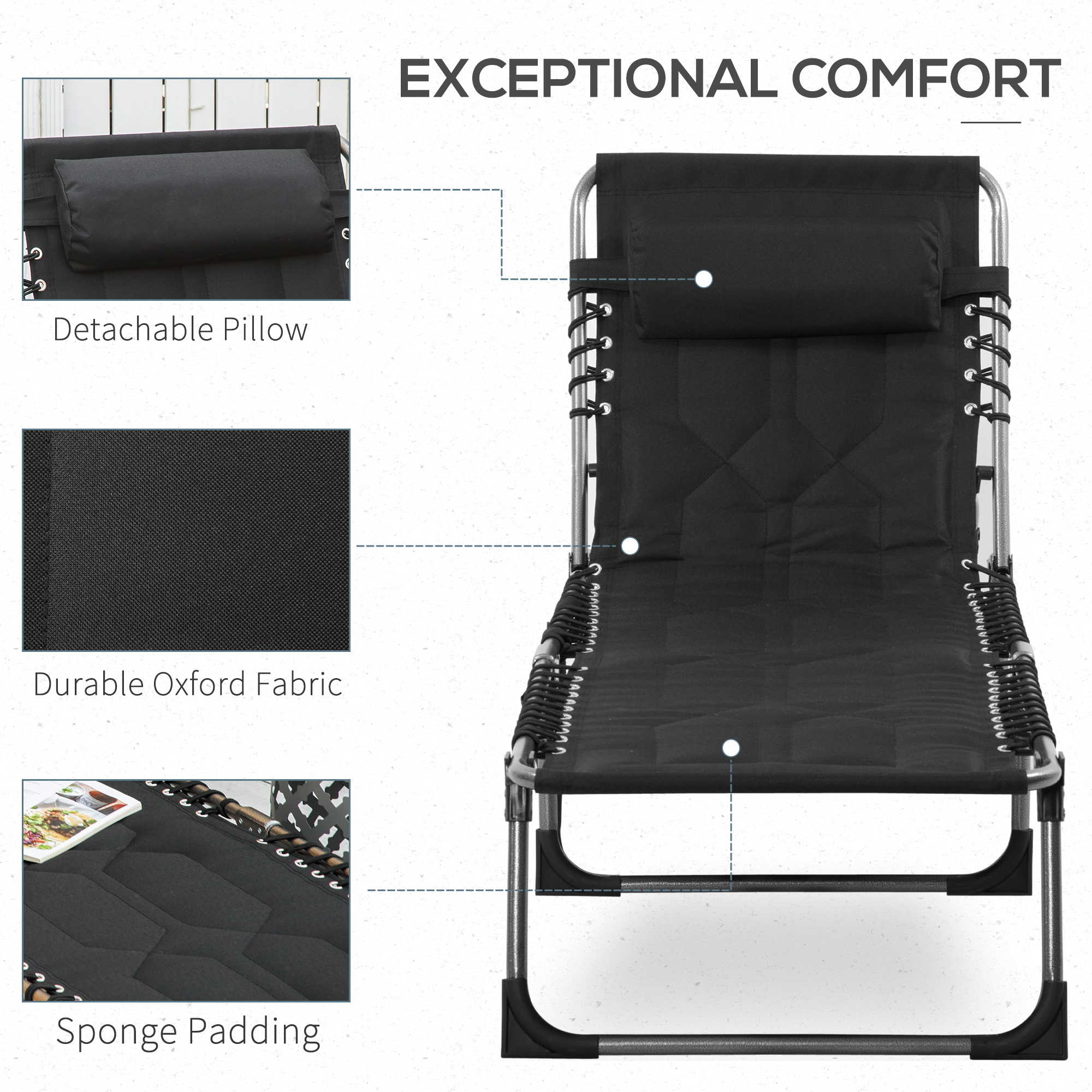 Folding Chaise Lounge Chair, Outdoor Padded Reclining Chair with 5-position Adjustable Backrest, Pillow and Pocket for Patio, Deck, Beach, Lawn and Sunbathing, Black - Image 3