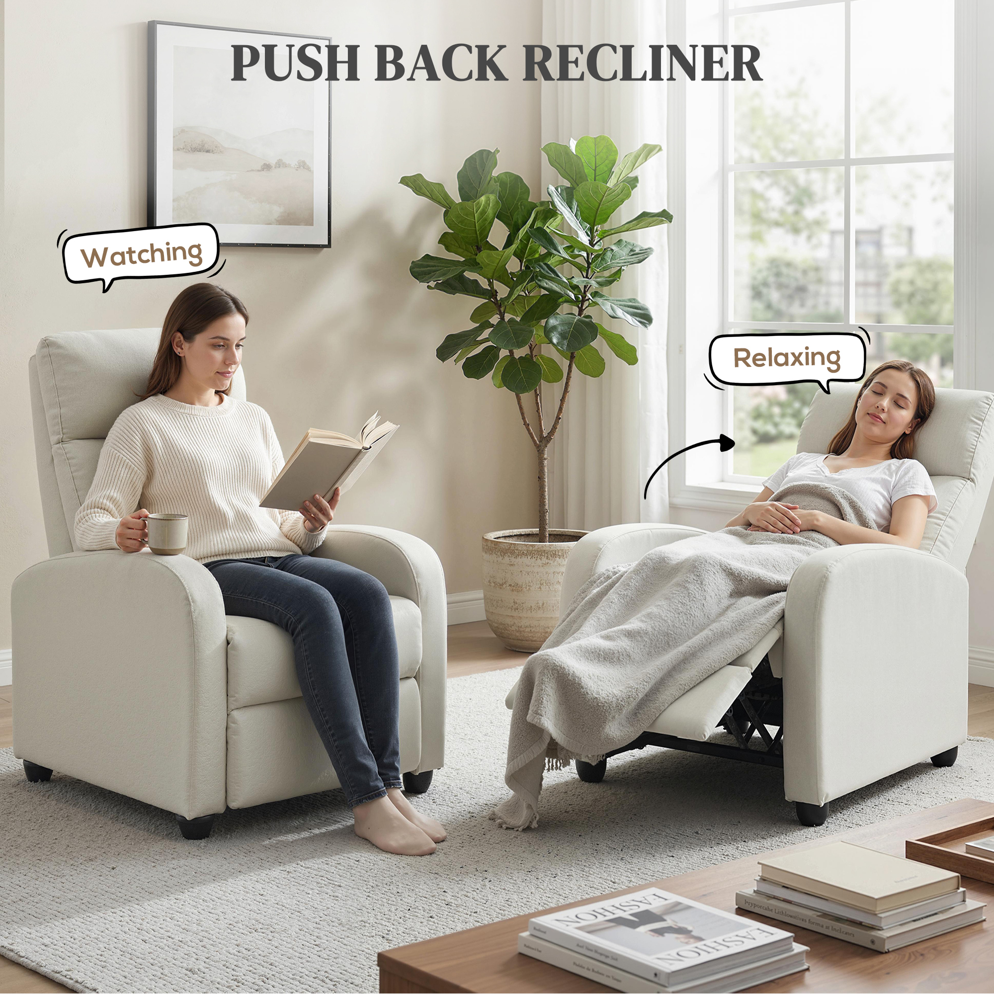 Fabric Recliner Chair Manual Home Theater Seating Single Reclining Sofa Chair with Padded Seat, Cream White - Image 2