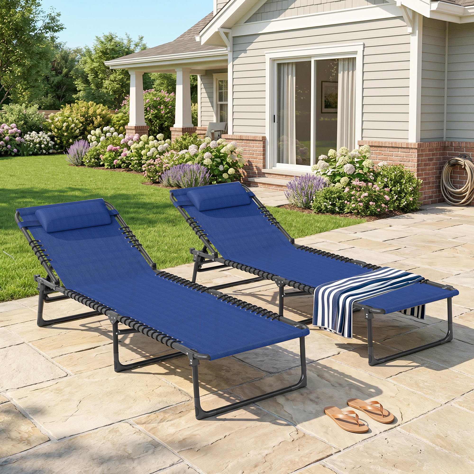 2 PCs Folding Lounge Chairs, Adjustable Chaise Lounge with Headrest, Reclining Lounger Cot for Camping, Hiking, Blue - Image 6