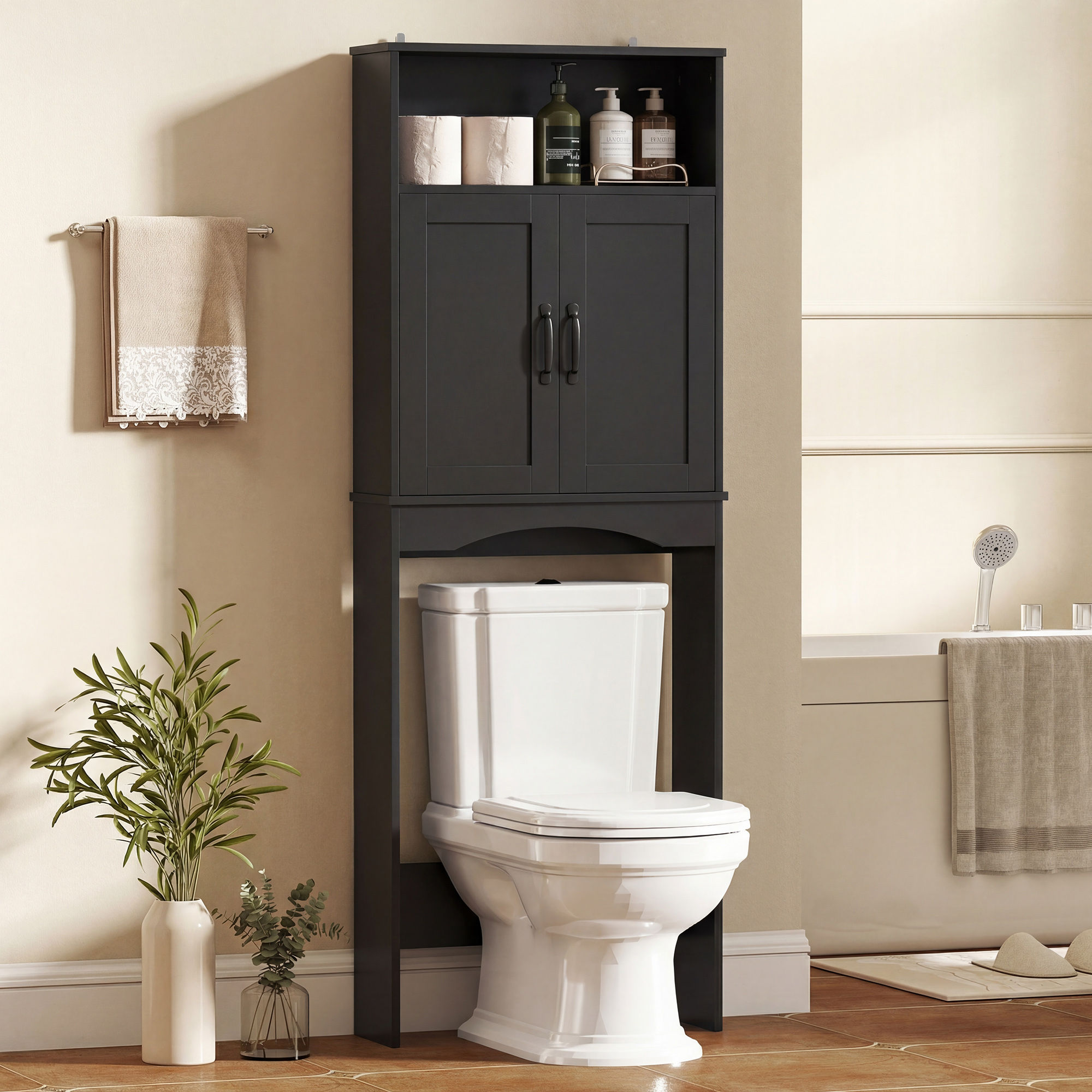 Over the Toilet Storage Cabinet Freestanding Bathroom Organizer with 2 Doors and Open Shelf Black - Image 6