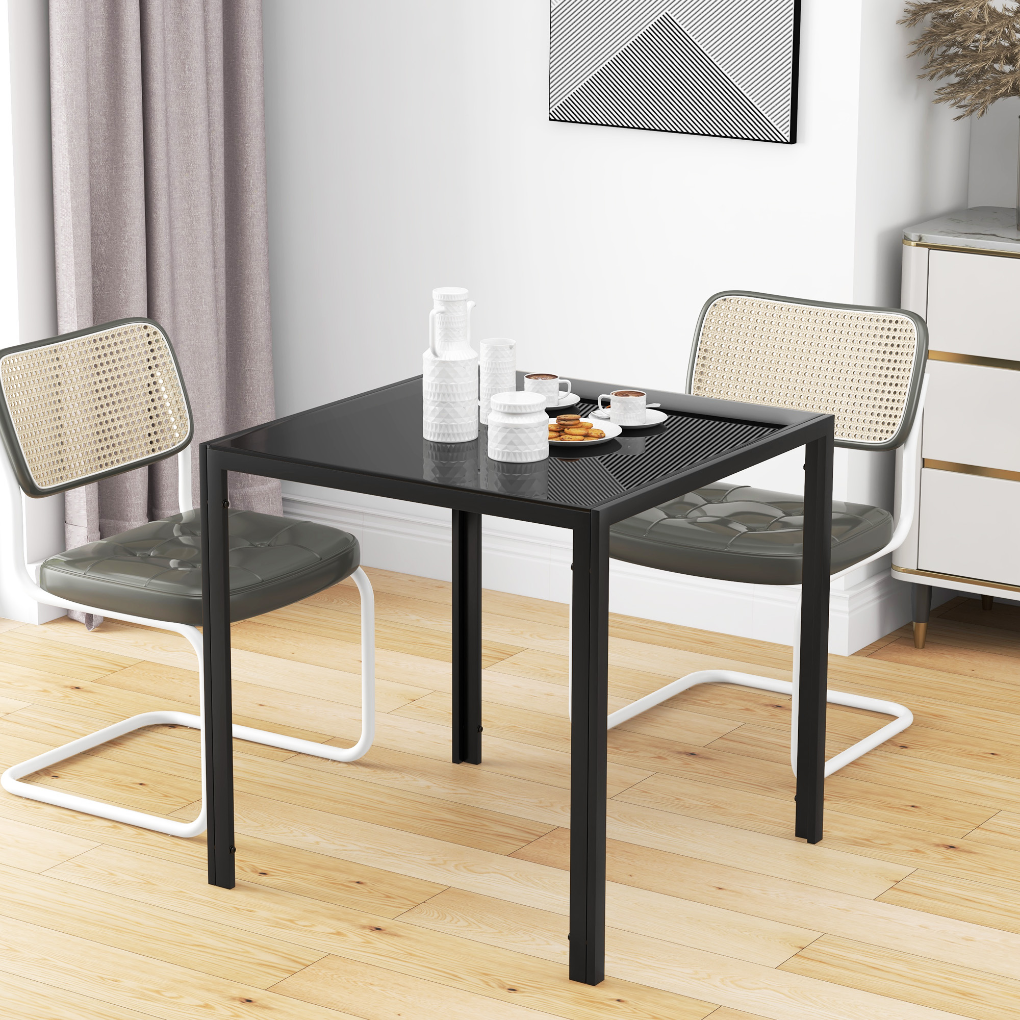 Square Kitchen Table for 2-4 People, Dining Table with Glass Top and Steel Legs for Dining Room, Black - Image 4