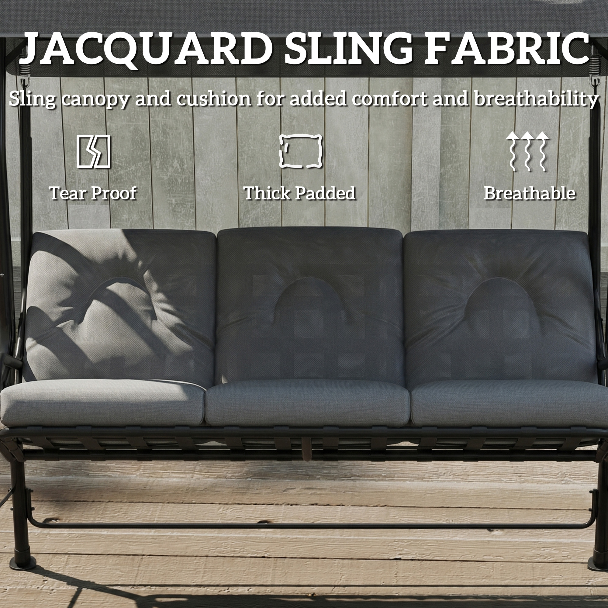 3-Person Patio Swing Chair with Canopy 3 Seater Porch Swing for Garden, Backyard, Poolside, Light Grey - Image 3