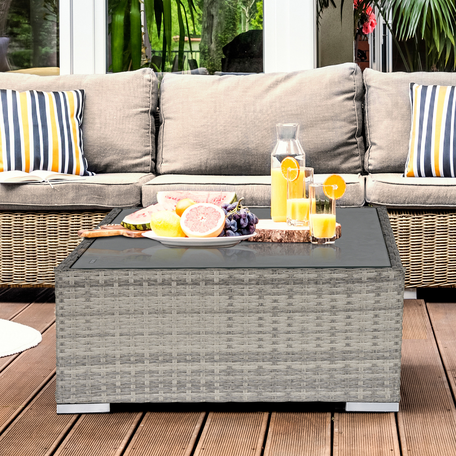 Rattan Garden Coffee Table, 25.6" Square Garden Rattan Table with Tempered Glass Top, Grey - Image 6