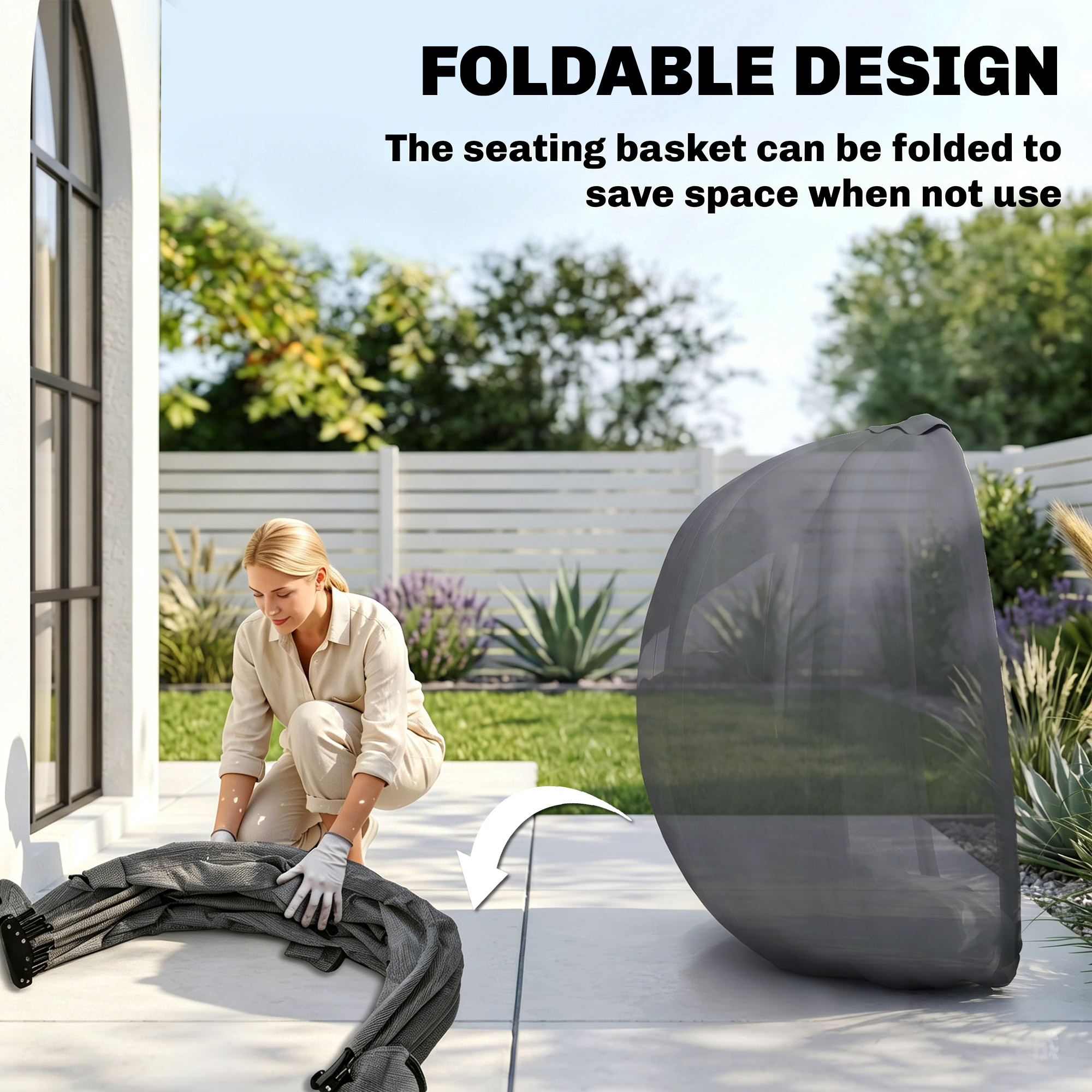 Hanging Egg Chair, Outdoor Indoor Swing Chair with Stand, Folding Basket and Thickened Cushion, Grey - Image 3