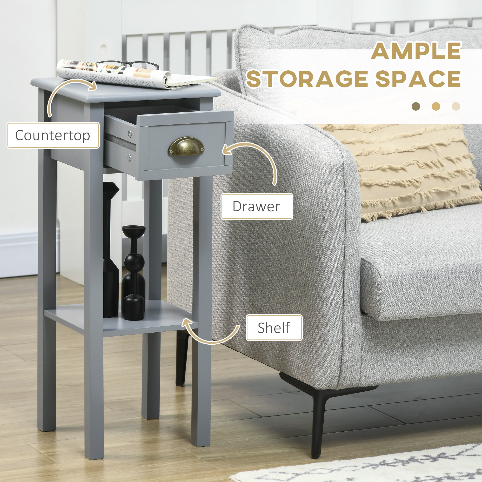 Bedside Table Set of 2, Narrow Side Table with Drawer and Shelf, 2 Tier Tall Nightstand for Bedroom, Grey - Image 2