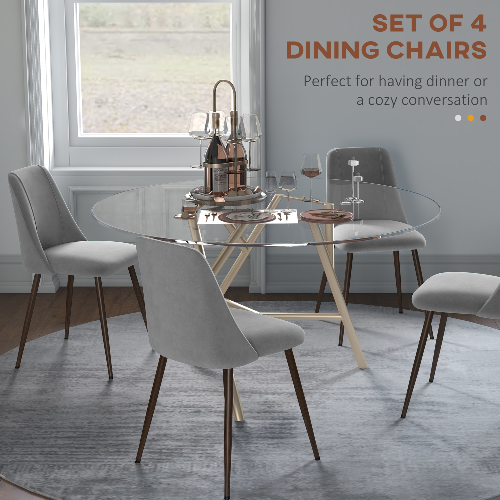 Upholstered Dining Chairs Set of 4, Velvet Accent Chair with Back and Wood-grain Steel Leg for Kitchen, Grey - Image 2